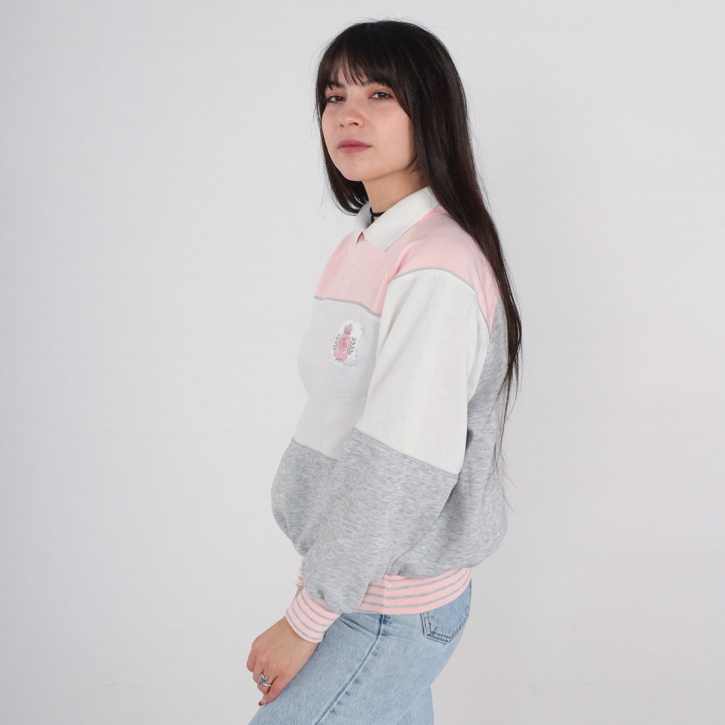 90s Colour Block Sweatshirt Grey Pink White Crest Pullover Medium