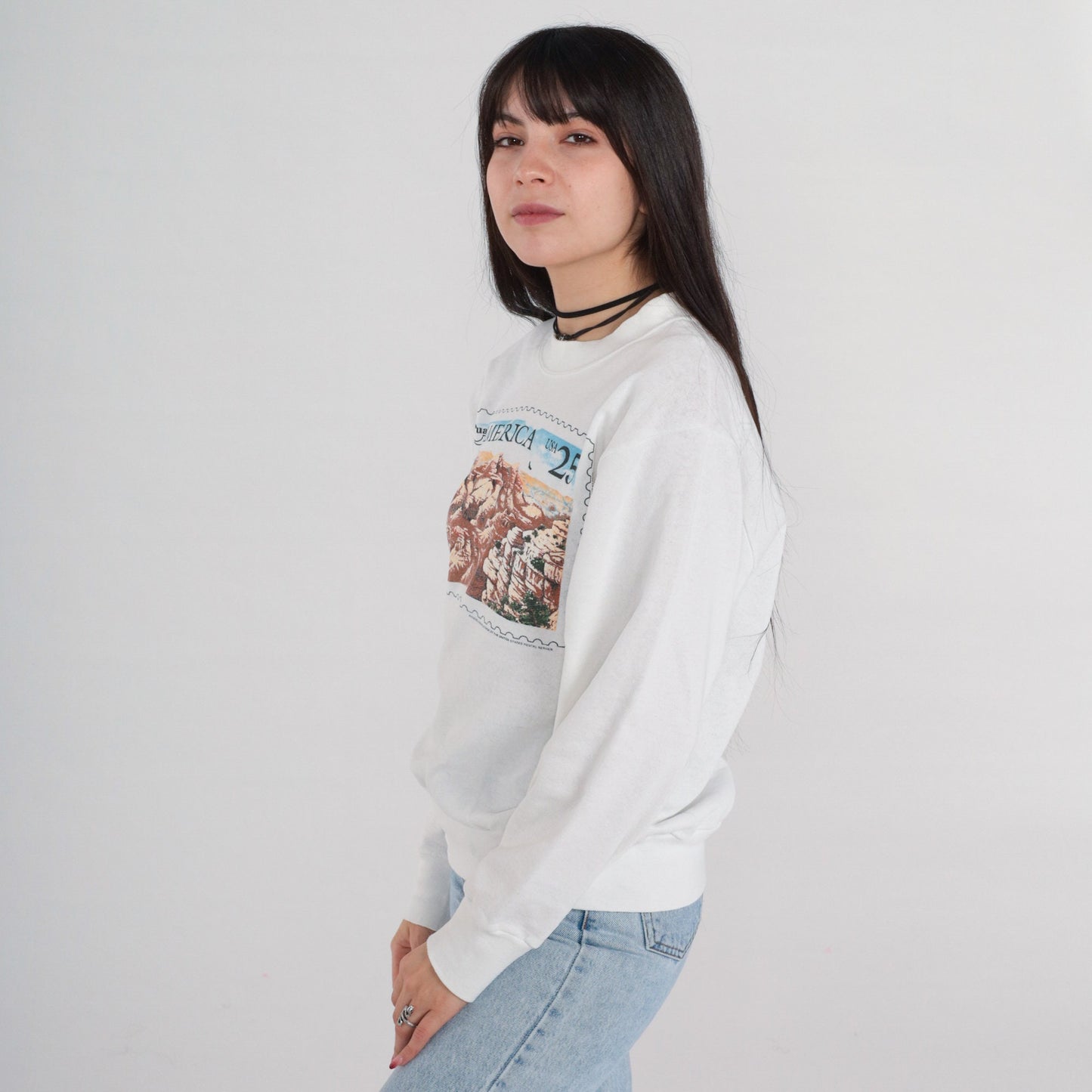 90s Puas America Grand Canyon Stamp Sweatshirt White Distressed Small