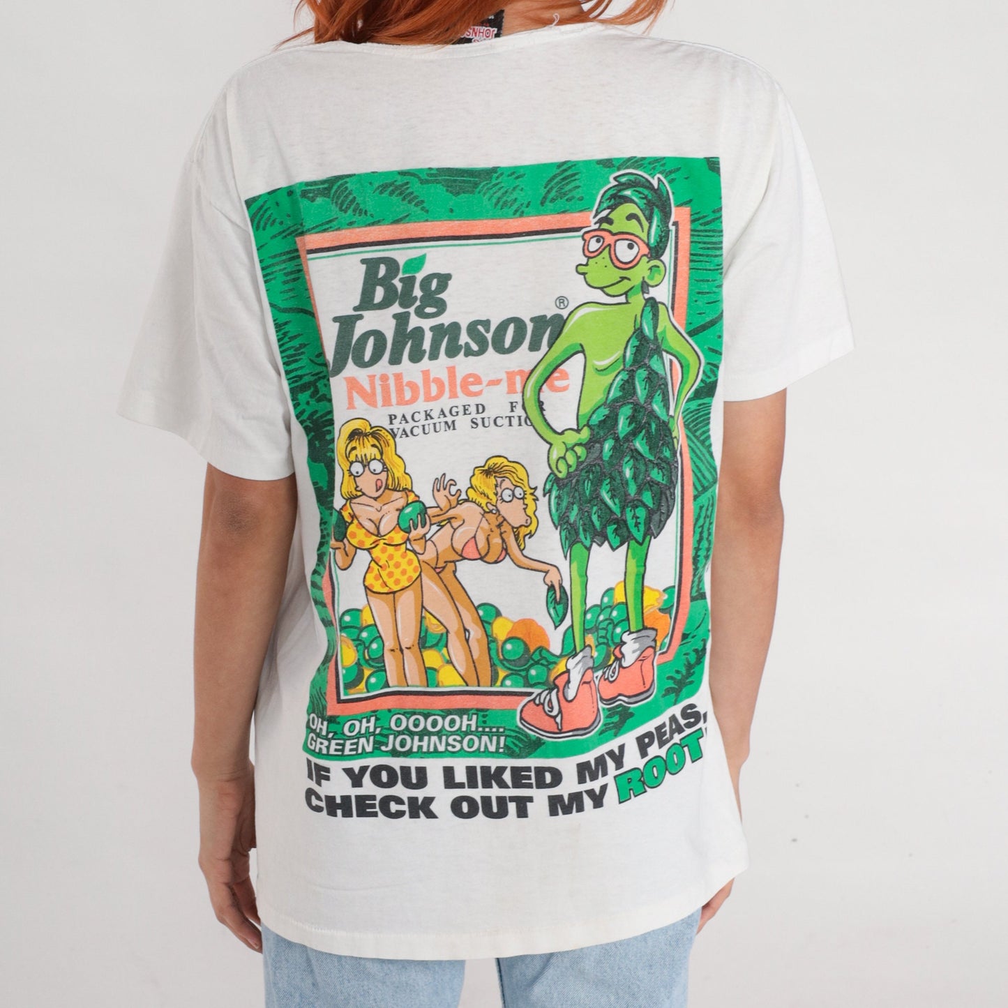 90s Big Johnson Graphic T-Shirt Green Peas Spoof Large L