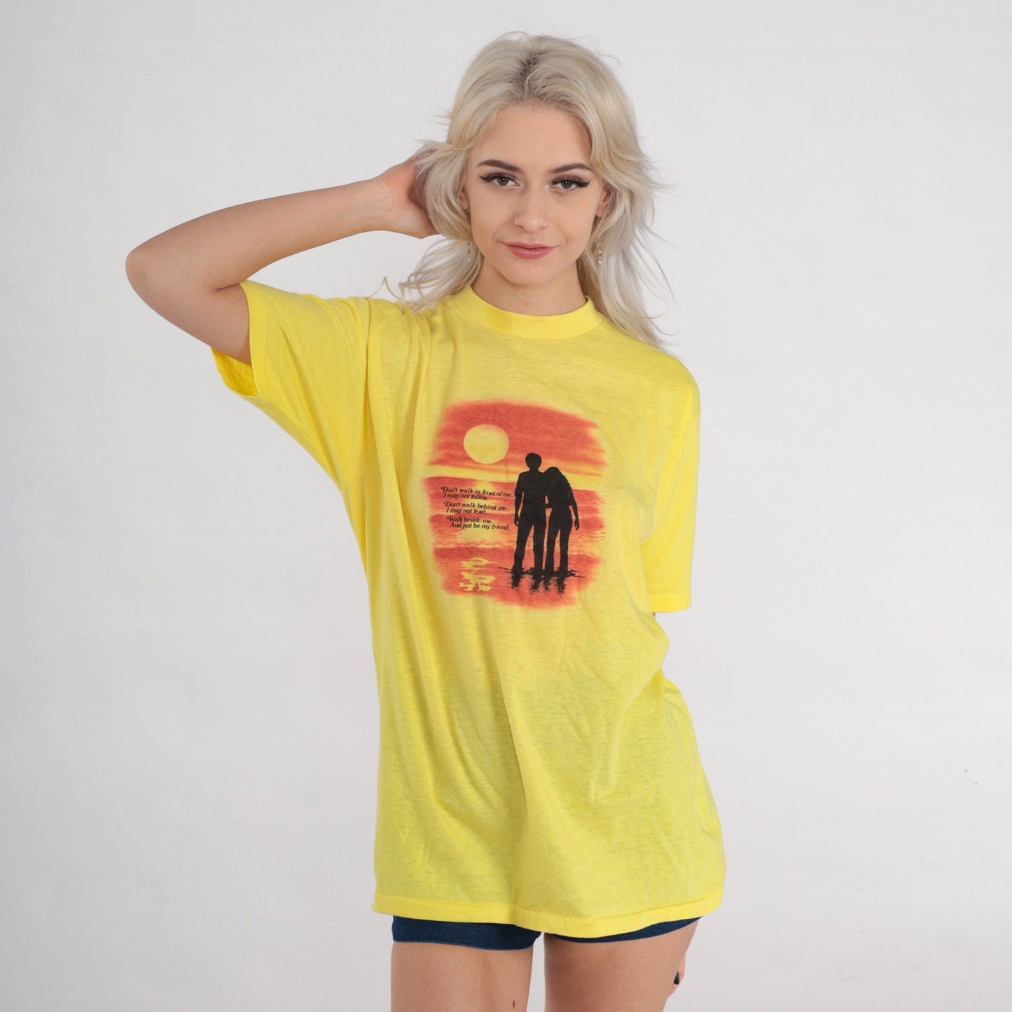 80s Albert Camus Quote Friendship T-Shirt Yellow Graphic Single Stitch Extra Large