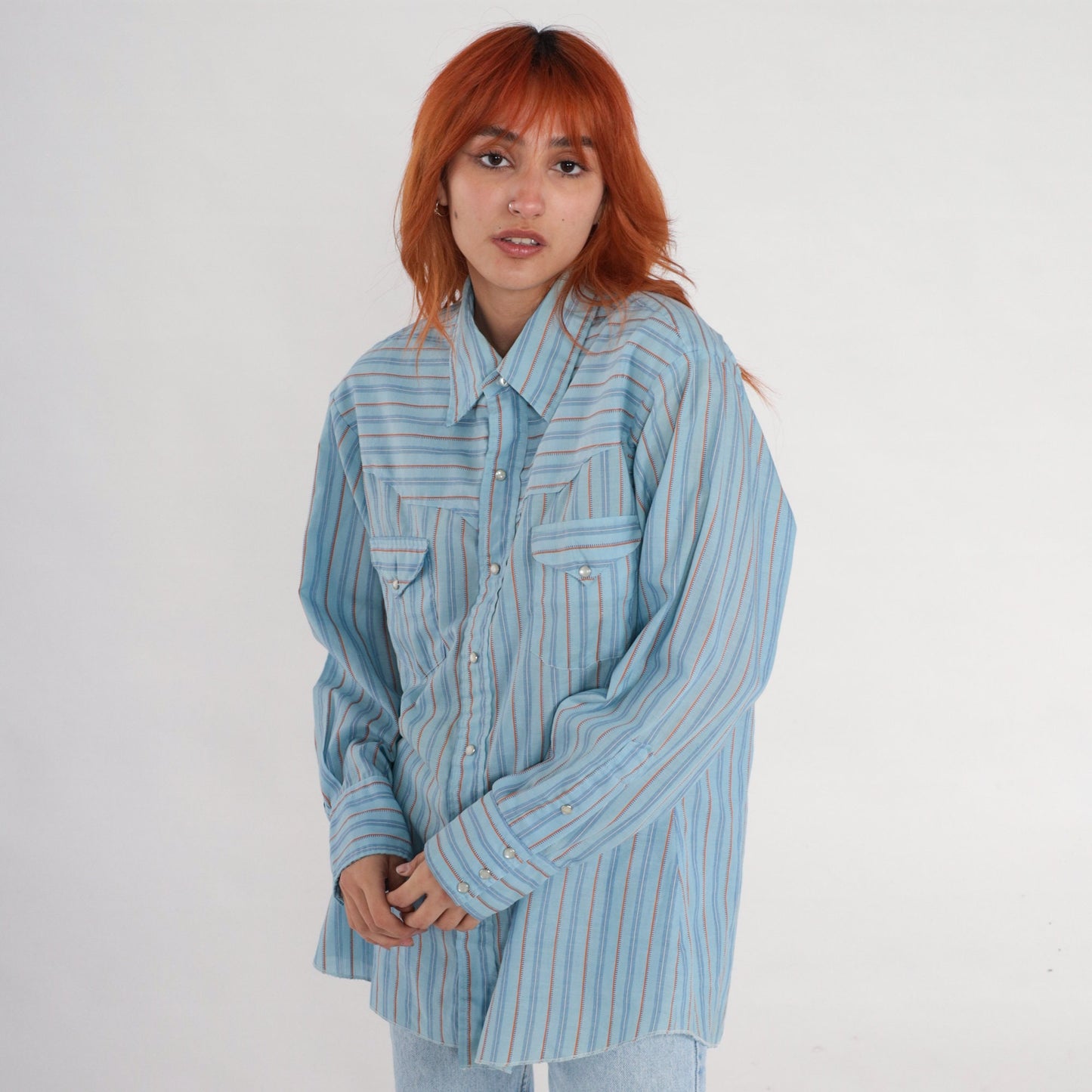 80s Western Pearl Snap Shirt Blue Striped Long Sleeve Men's 17-33