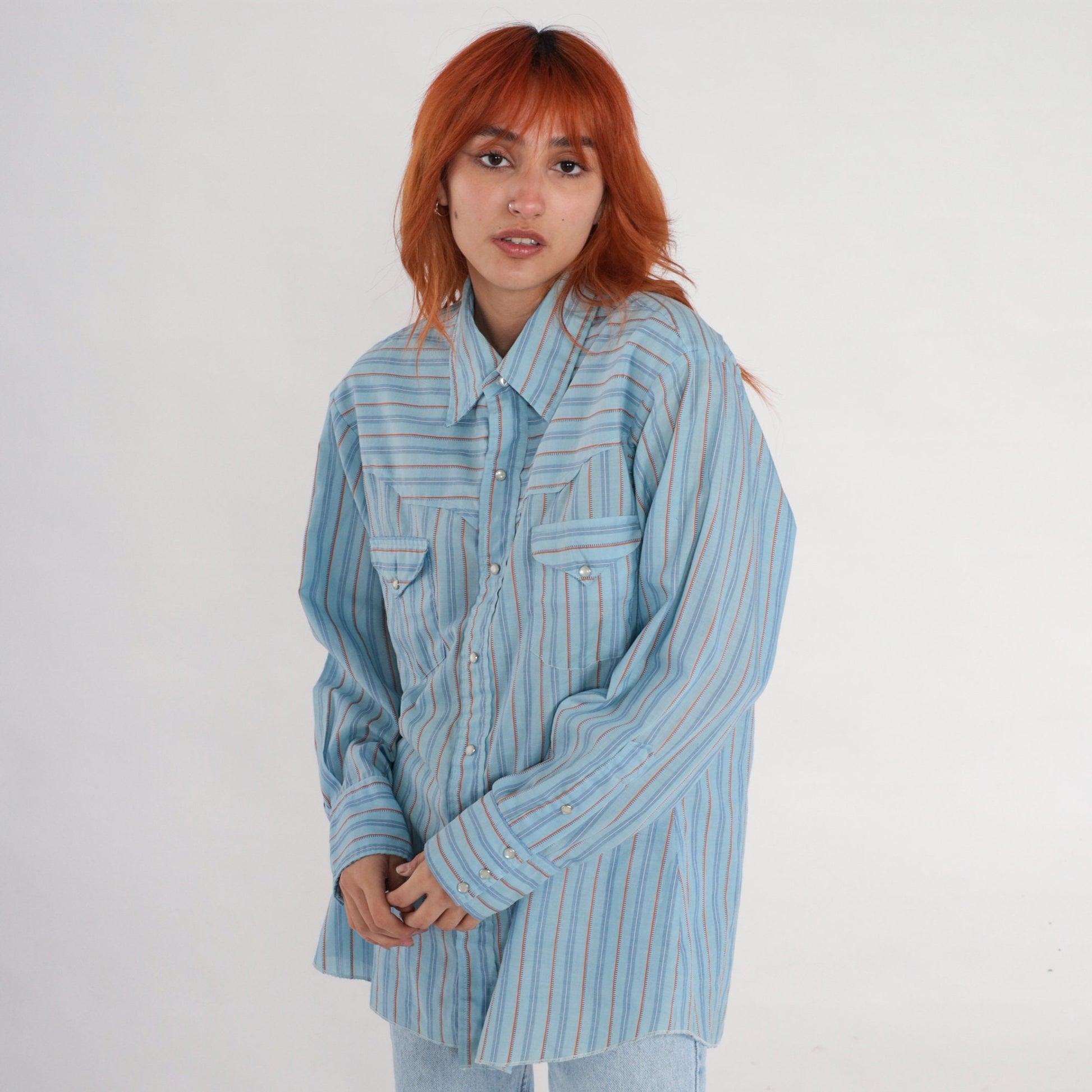 80s Western Pearl Snap Shirt Blue Striped Long Sleeve Men's 17-33