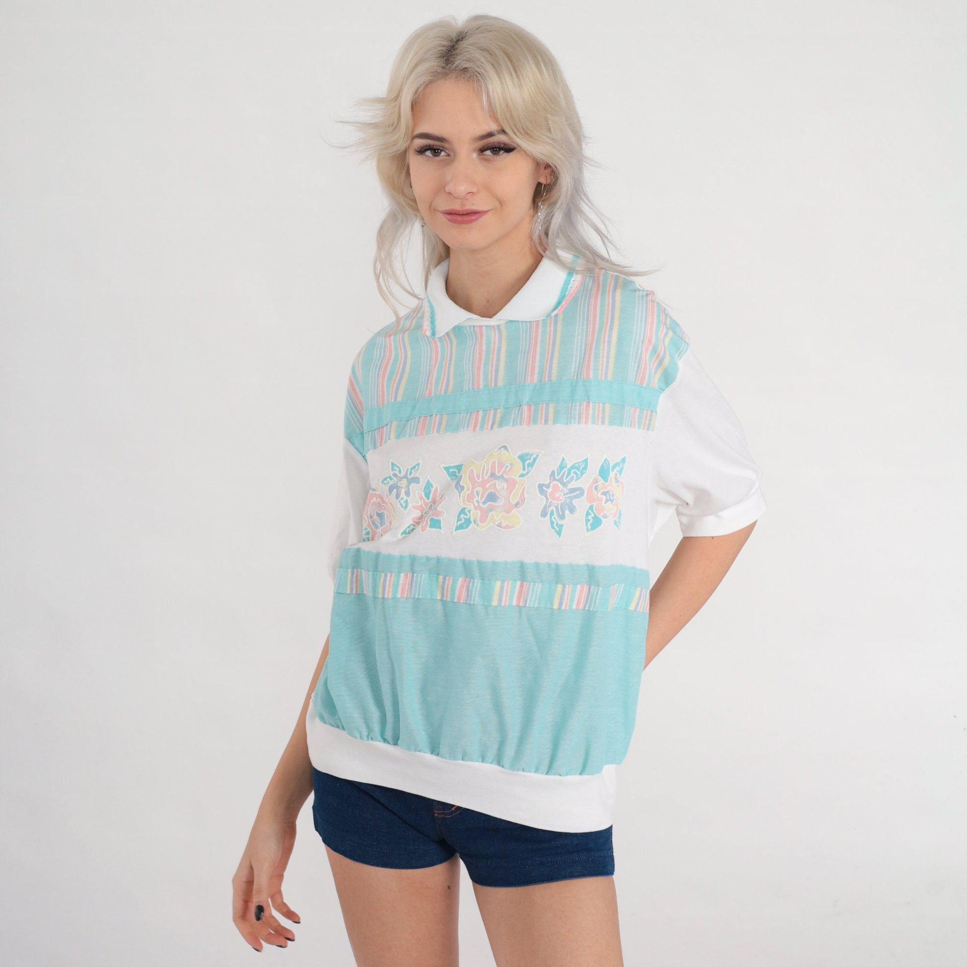80s Floral Striped Polo Shirt White Collared Short Sleeve Medium