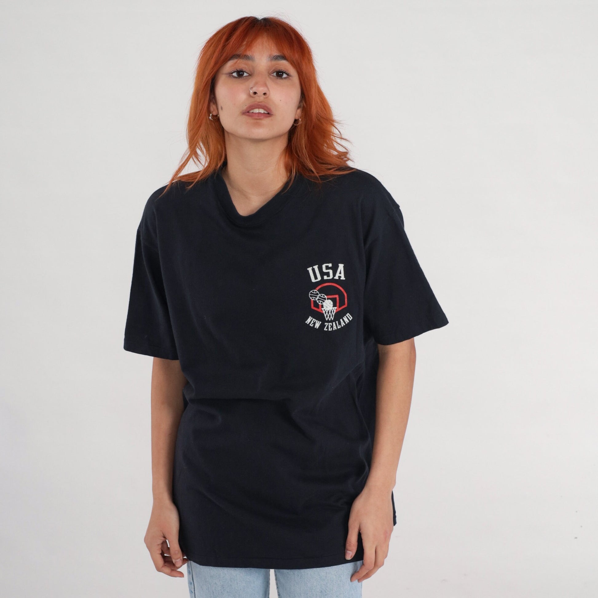 90s USA New Zealand Basketball Tournament Graphic T-Shirt Cotton Black Extra Large XL