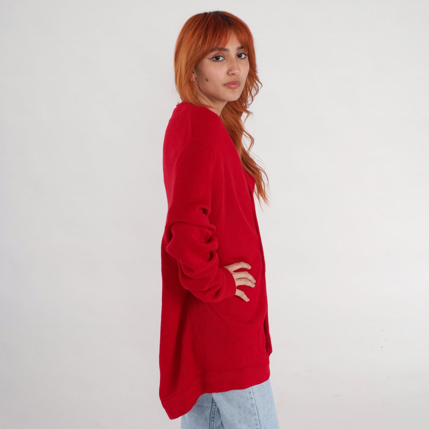 80s Red Cardigan V-Neck Knit Button-Up Sweater Extra Large XL