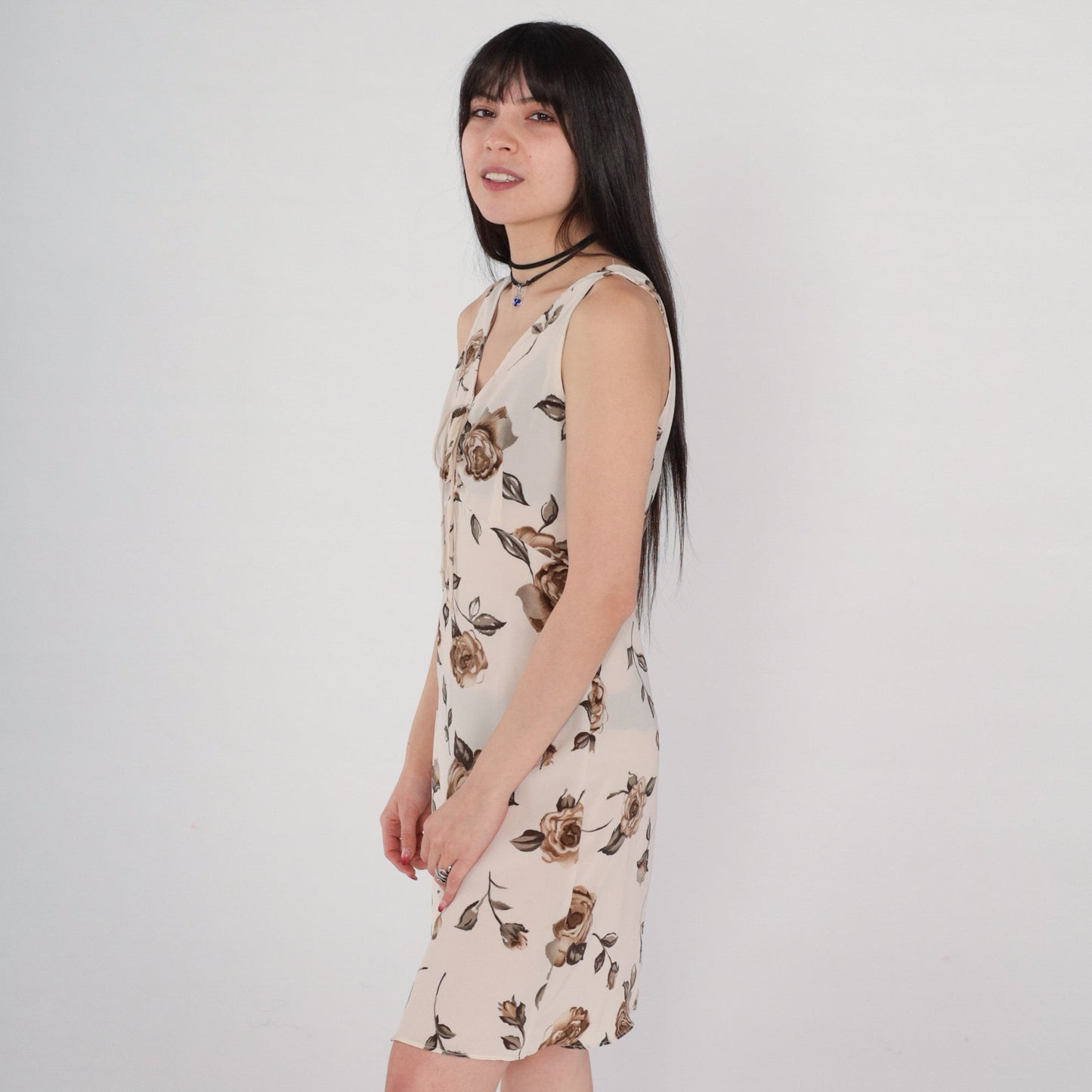 90s Floral Babydoll Dress Beige Empire Waist Lace-Up Mini Sleeveless Small