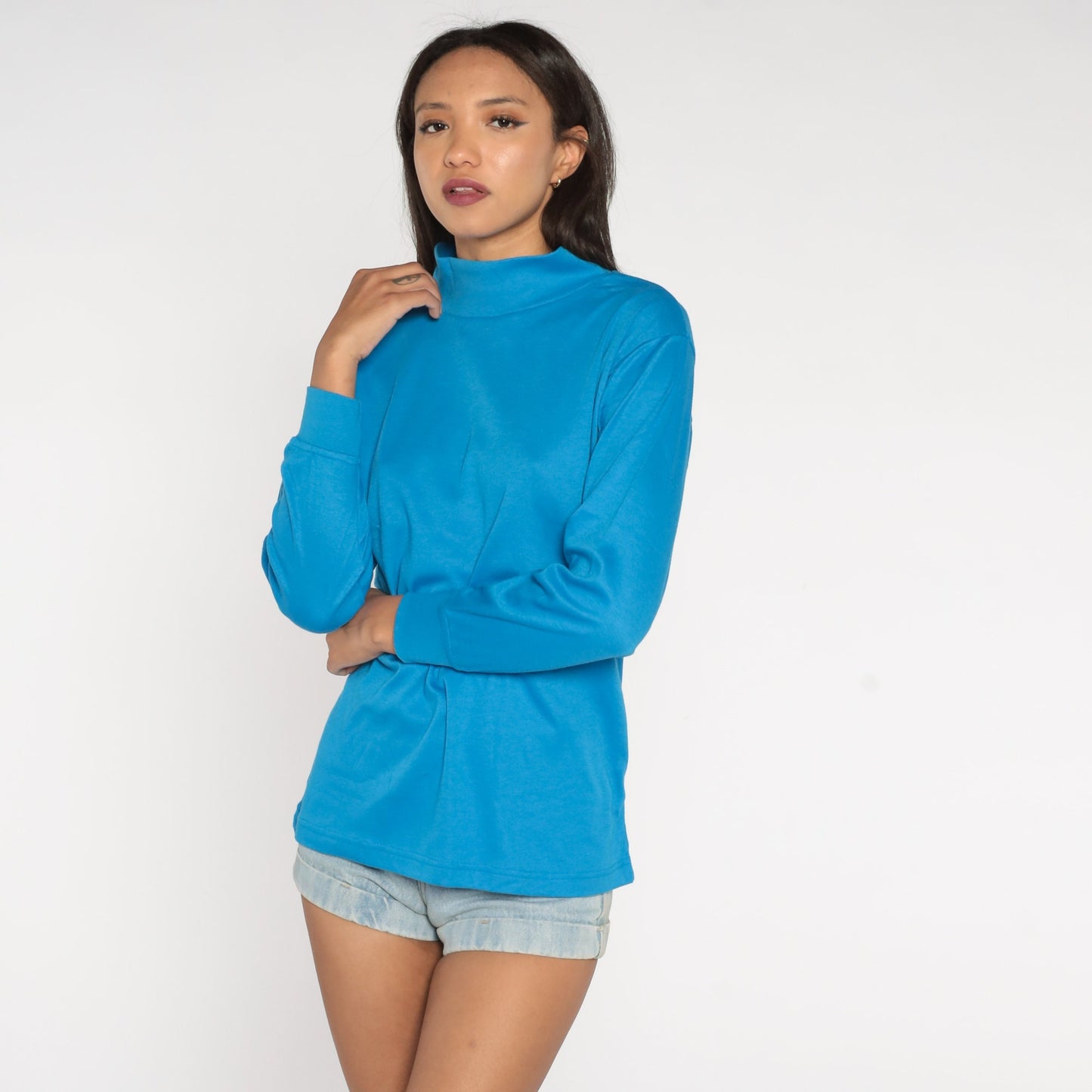 90s Blue Turtleneck Long Sleeve Pullover Cotton Blend Large L