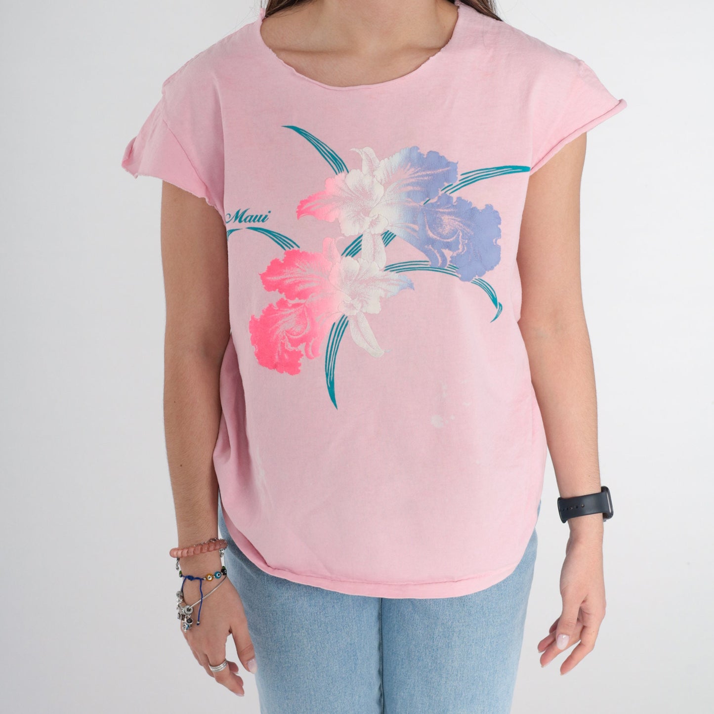 90s Maui Flower Graphic T-Shirt Pink Floral Hawaii Tee Medium Large