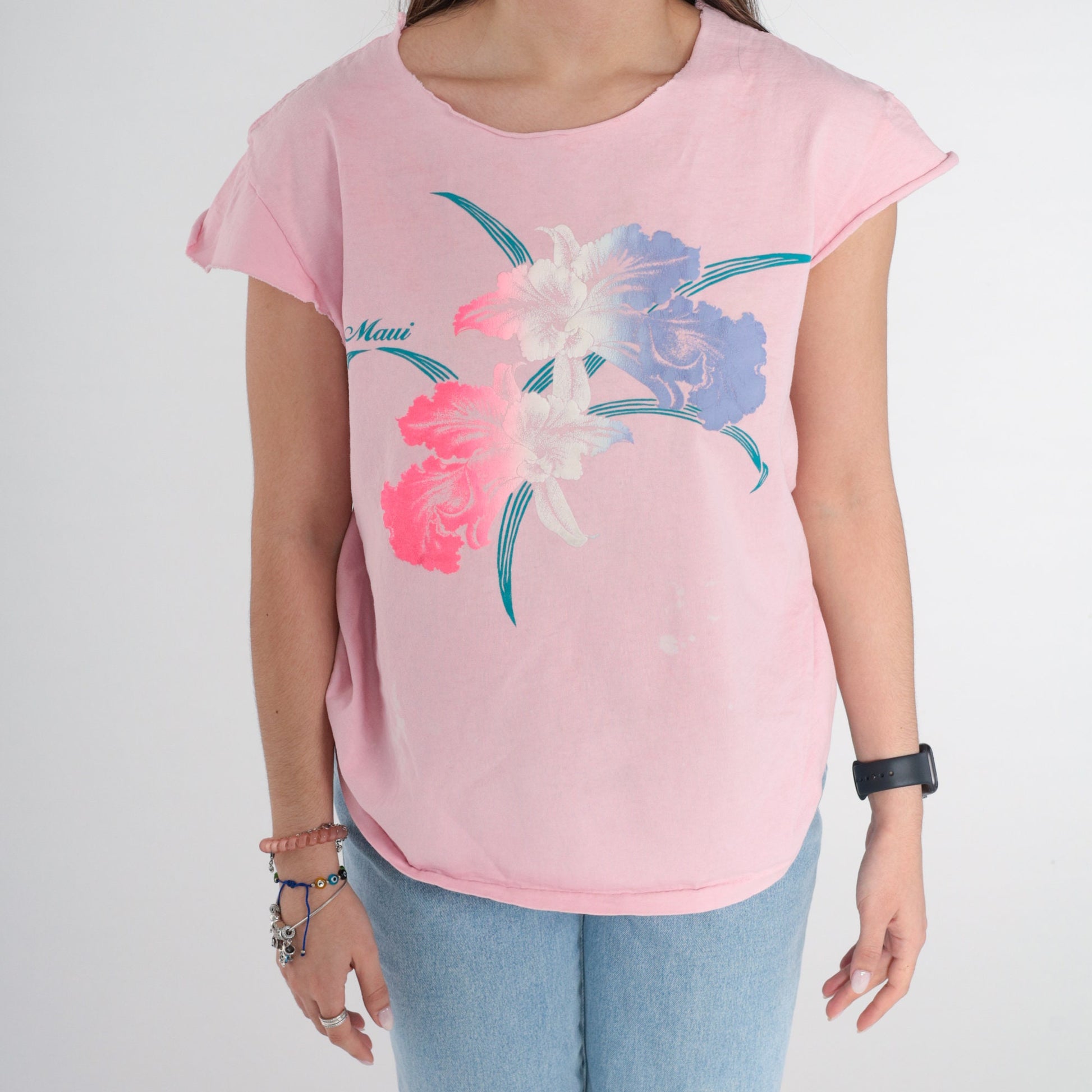90s Maui Flower Graphic T-Shirt Pink Floral Hawaii Tee Medium Large