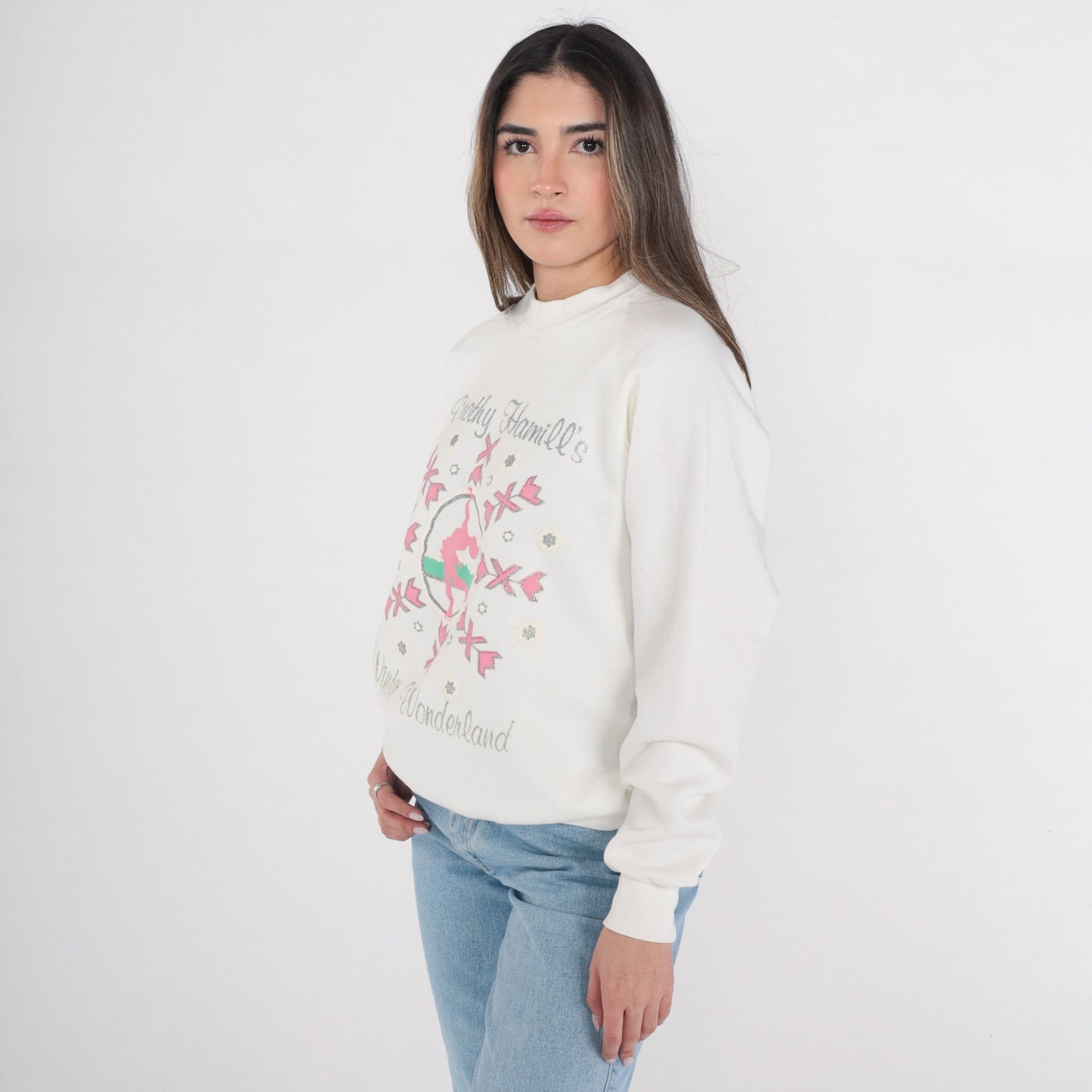 90s Dorothy Hammill's Winter Wonderland Figure Skater Sweatshirt White Glitter Raglan Medium