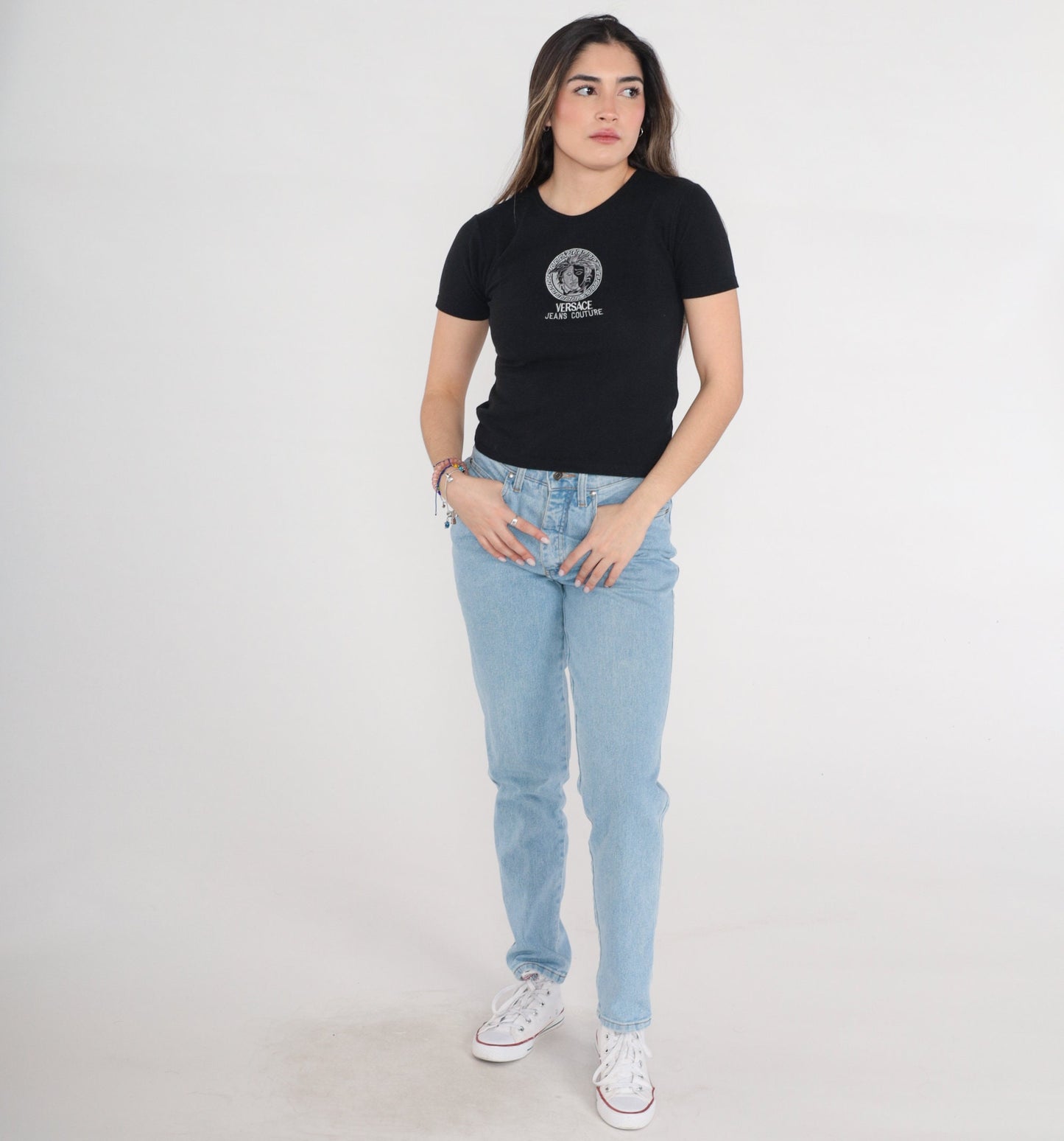 90s Versace Jeans Couture Embroidered Logo T-Shirt Black Extra Small XS
