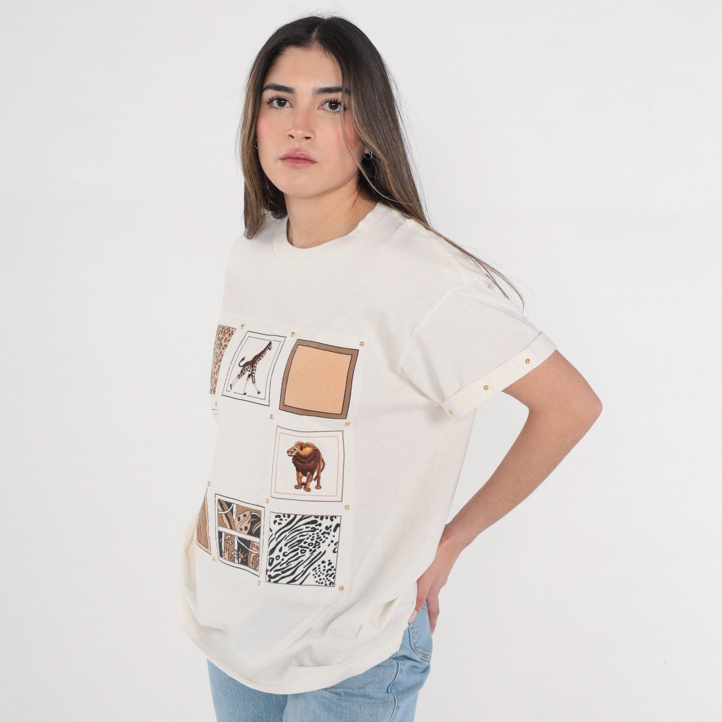 90s Safari Animal Graphic T-Shirt Gold Studs Giraffe Lion Tiger White Medium M