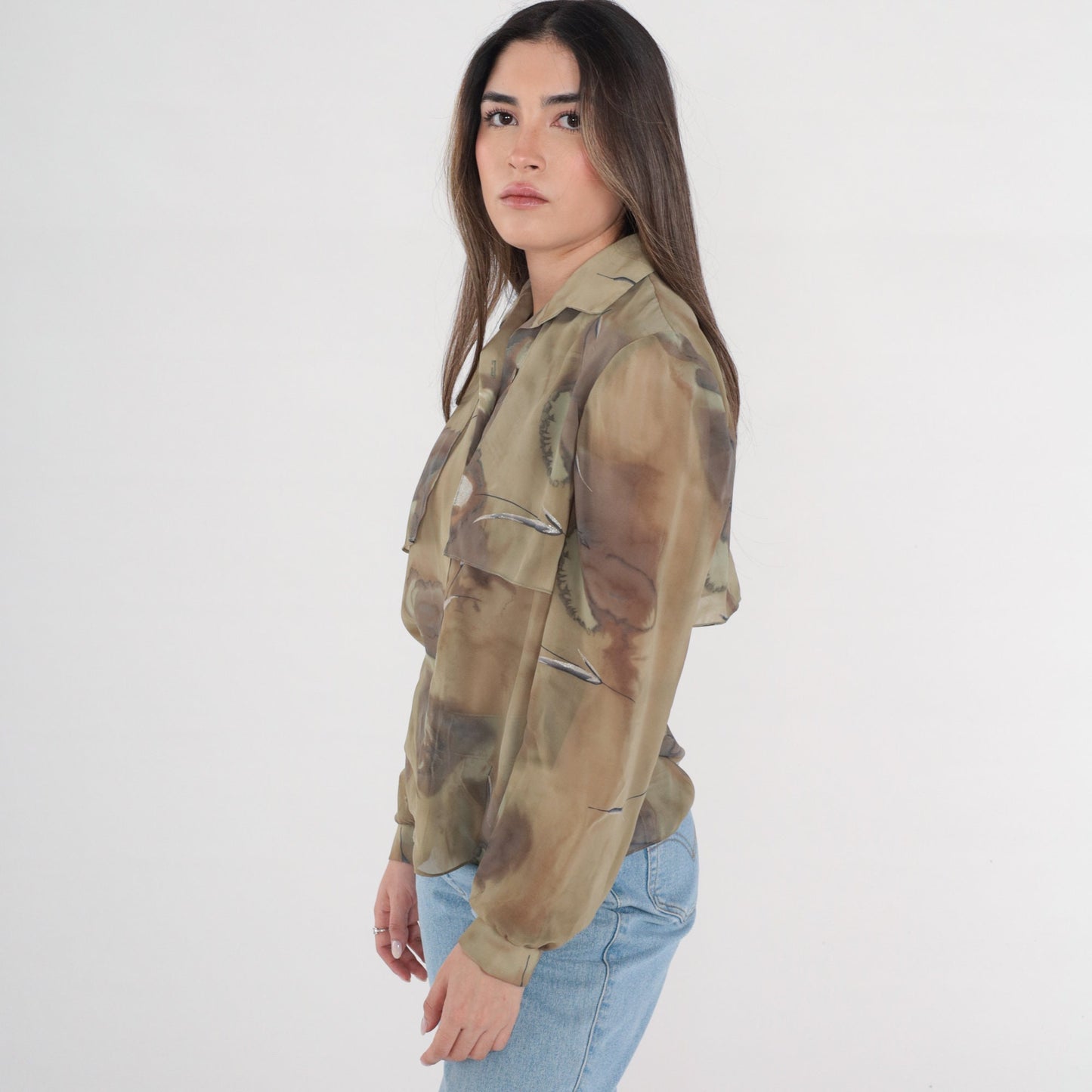 90s Olive Green Abstract Watercolor Glitter Button-Up Blouse Long Sleeve Medium