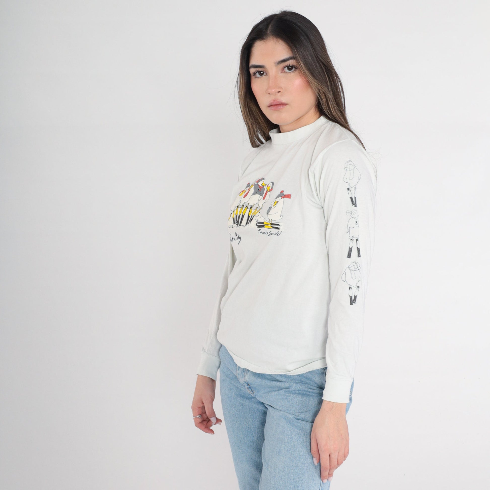 80s Park City Utah Ski Duck Graphic T-Shirt Long Sleeve Grey Medium