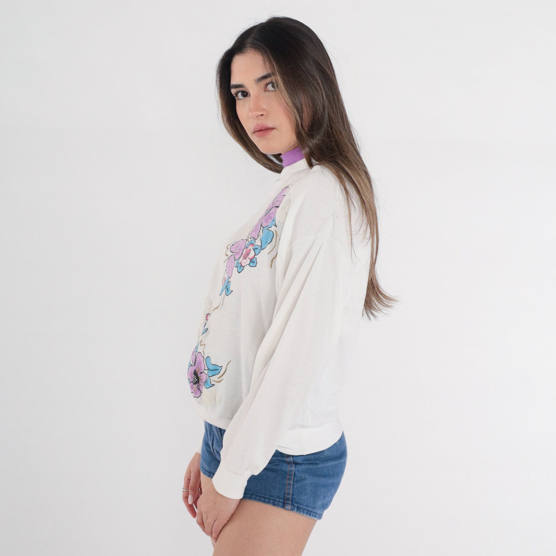 90s Glitter Floral Sweatshirt White Mock Neck Purple Layered Small S
