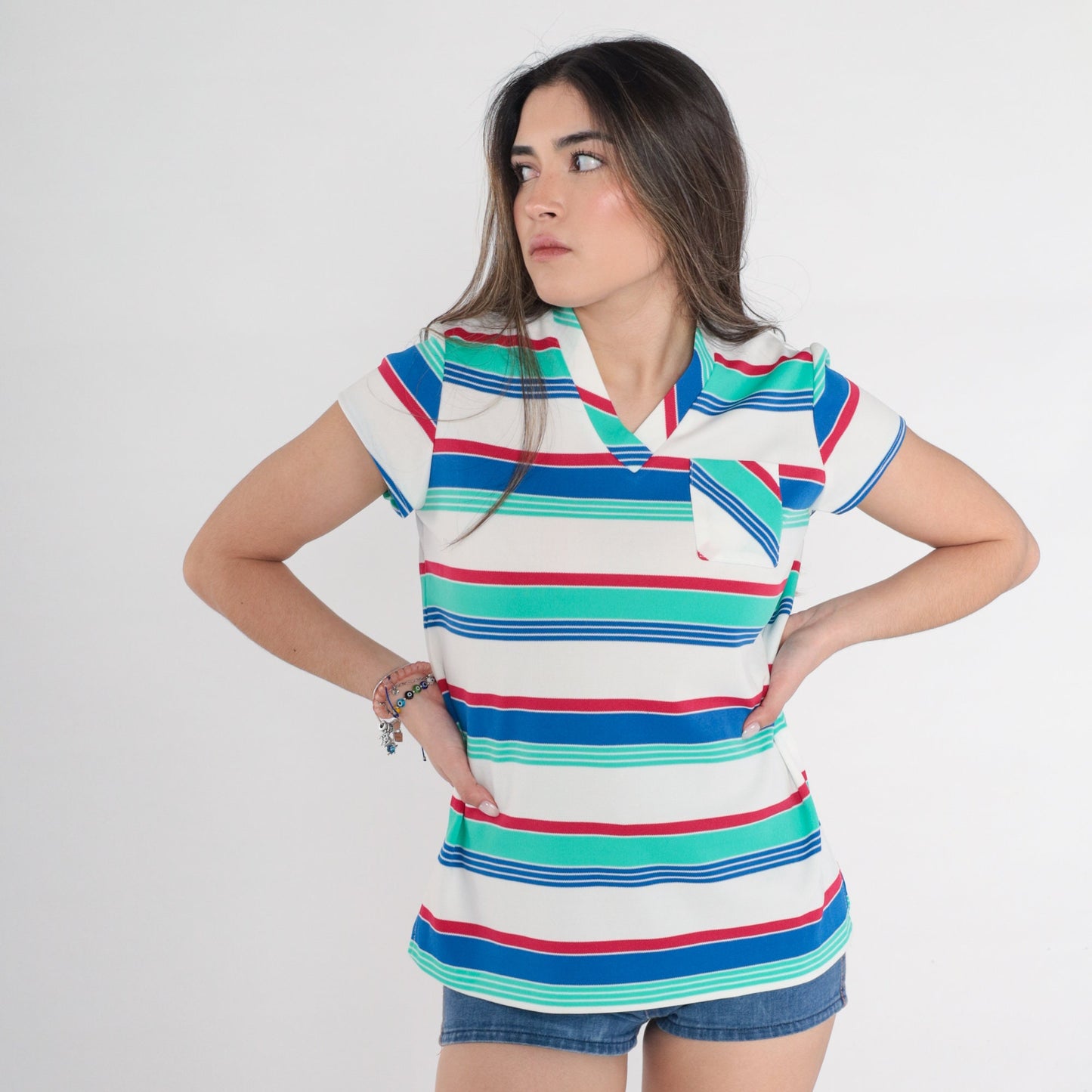 70s Striped V-Neck T-Shirt White Red Green Blue Pocket Tee Medium