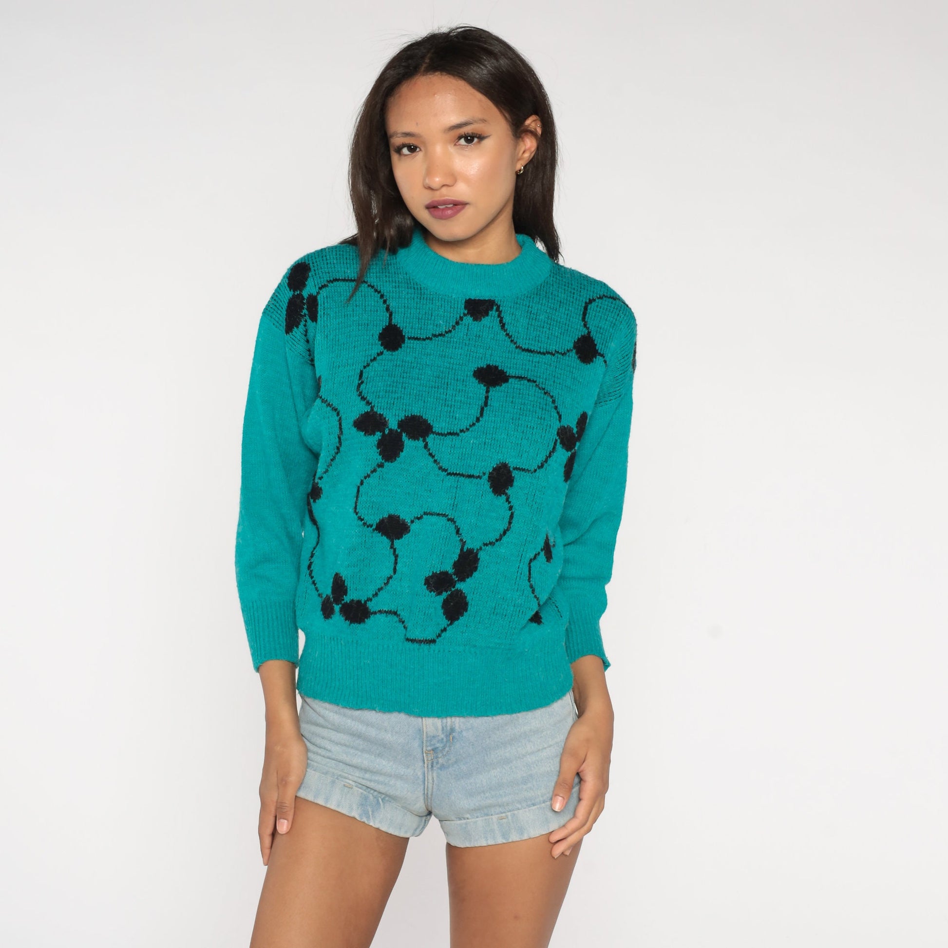 80s Abstract Vine Knit Sweater Teal Green Pullover Jumper Small S