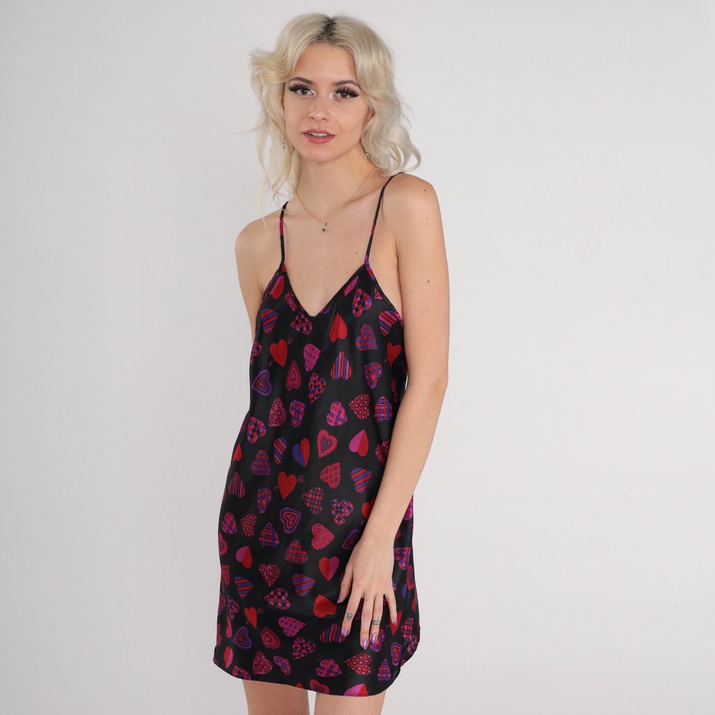 00s Heart Print Black Slip Dress Mini Spaghetti Strap Side Slit Small