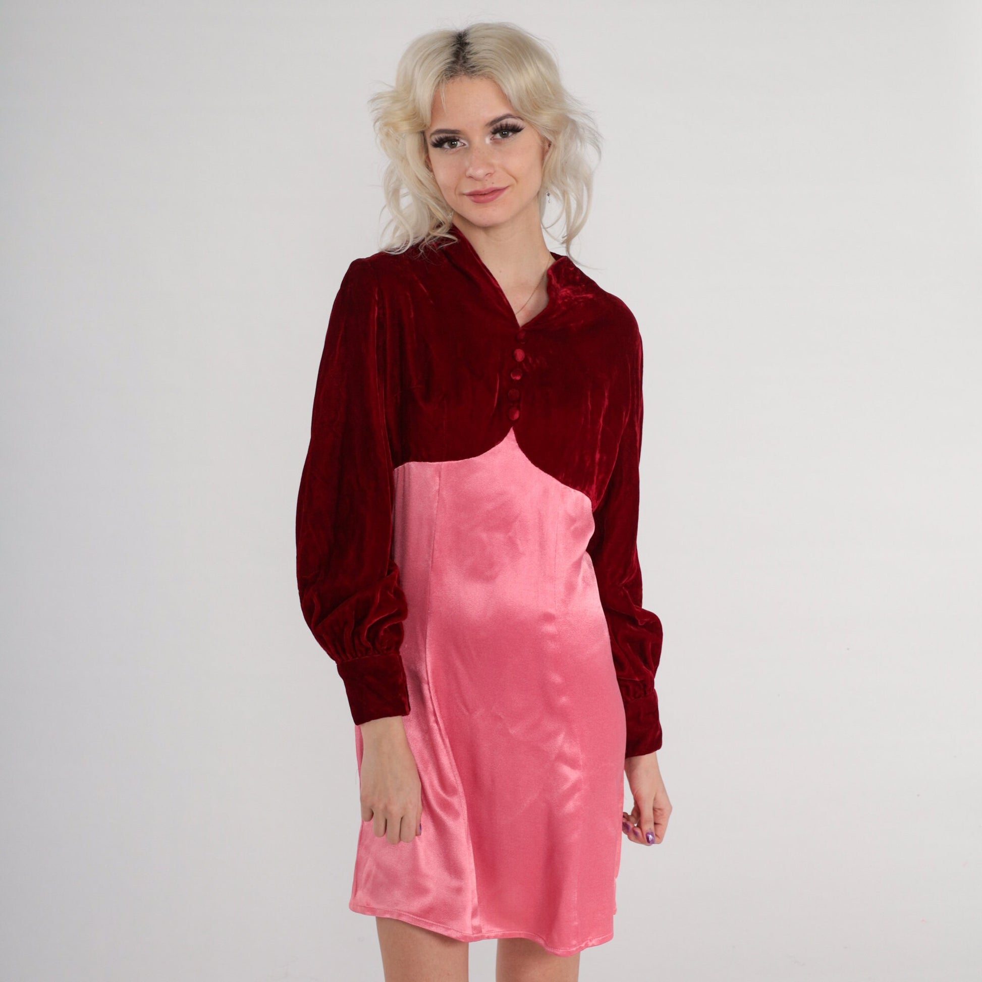70s Velvet Babydoll Mini Dress Red Pink Empire Waist Long Sleeve Small