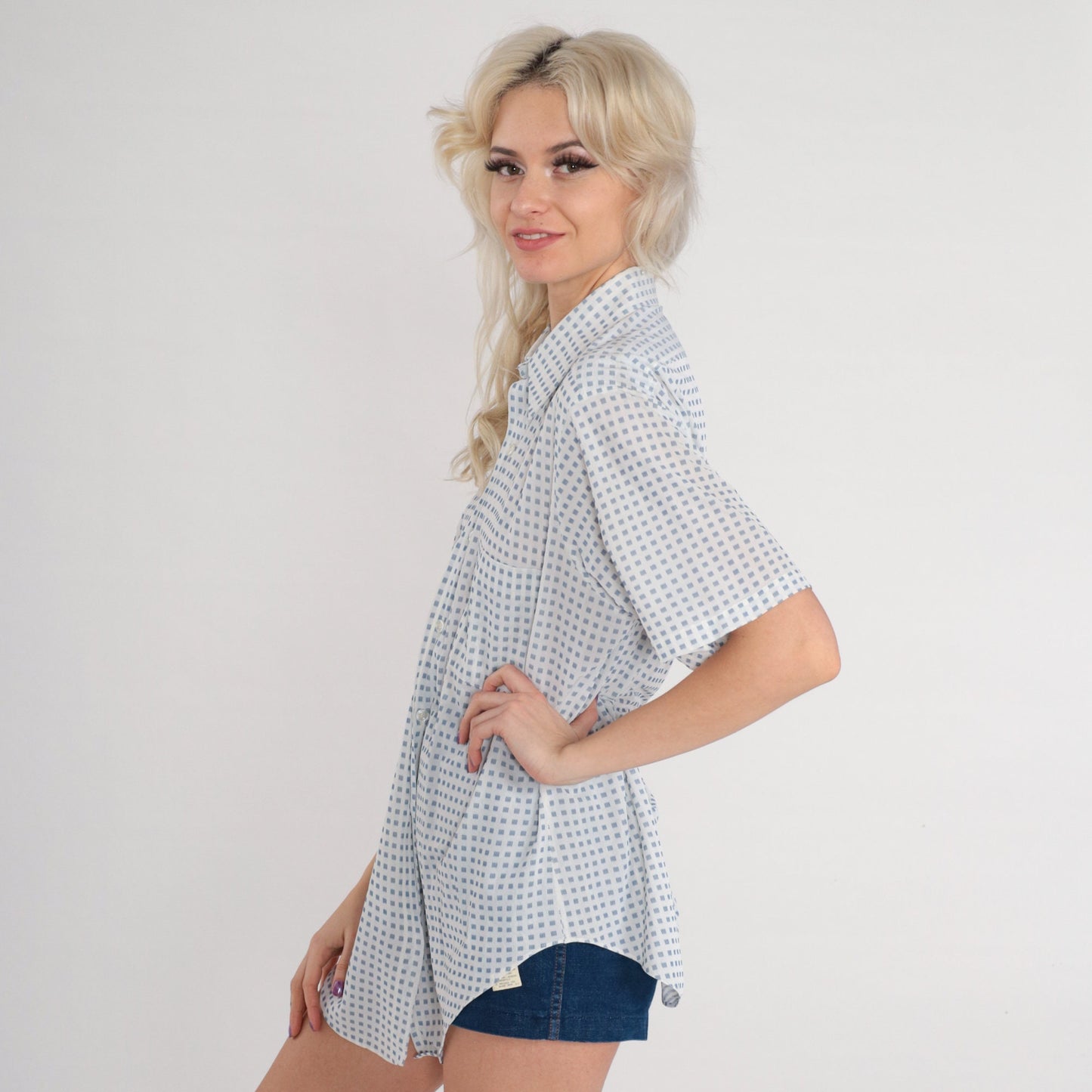 70s Arrow Button-Up Shirt White Blue Square Print Short Sleeve Pointed Collar Large
