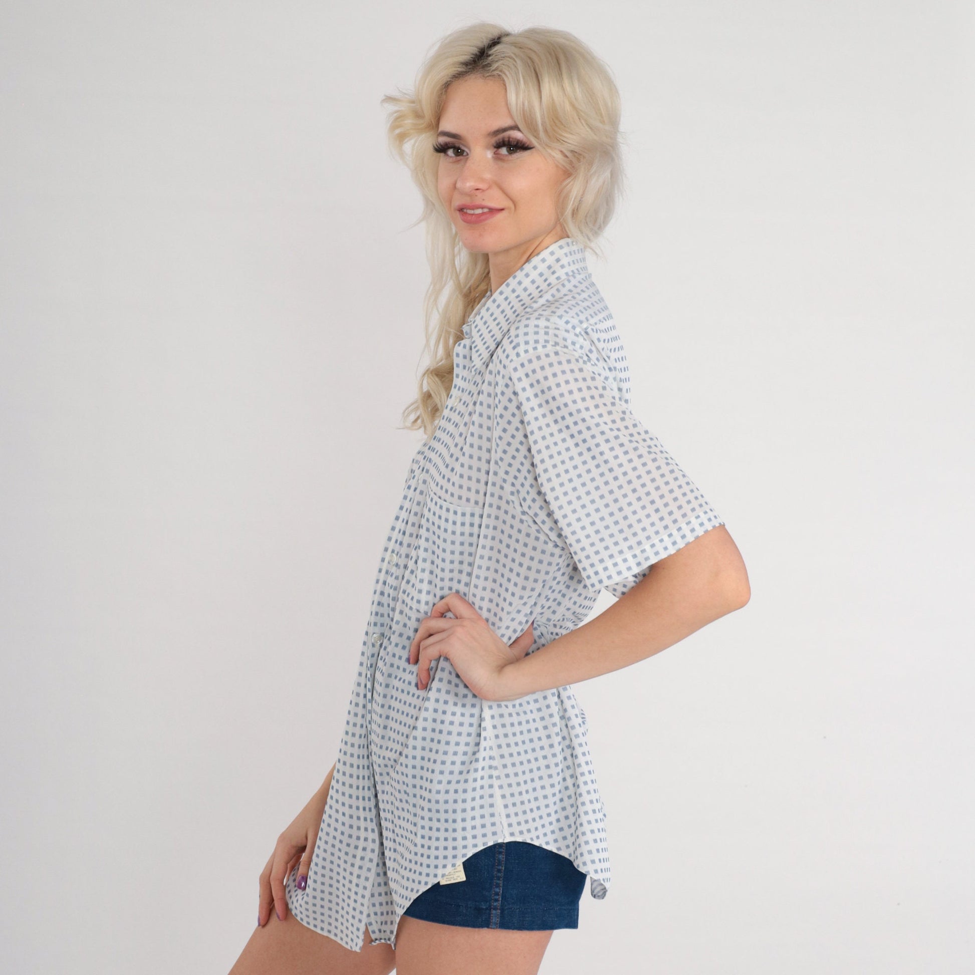 70s Arrow Button-Up Shirt White Blue Square Print Short Sleeve Pointed Collar Large