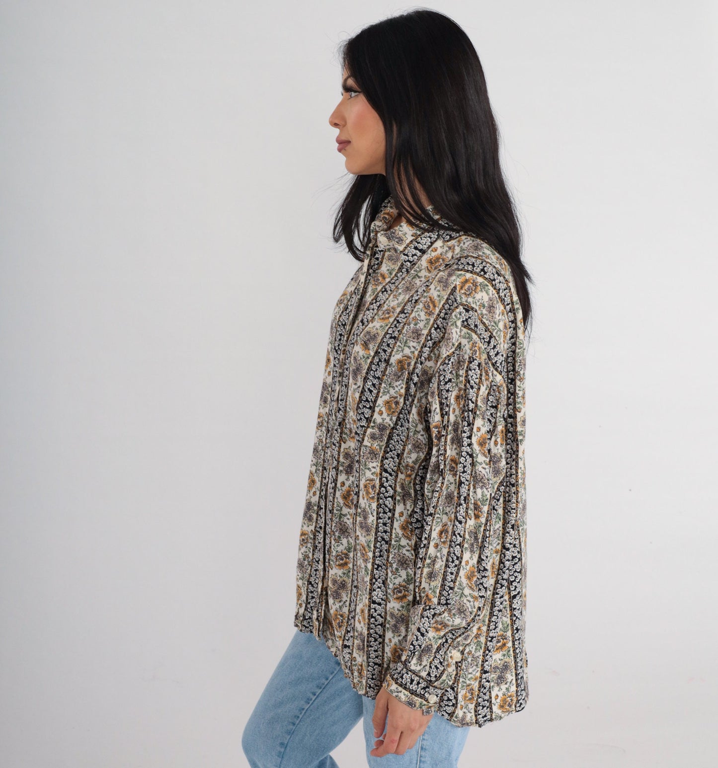 90s Krazy Kat Floral Button-Up Blouse Long Sleeve Collared Shirt Large L
