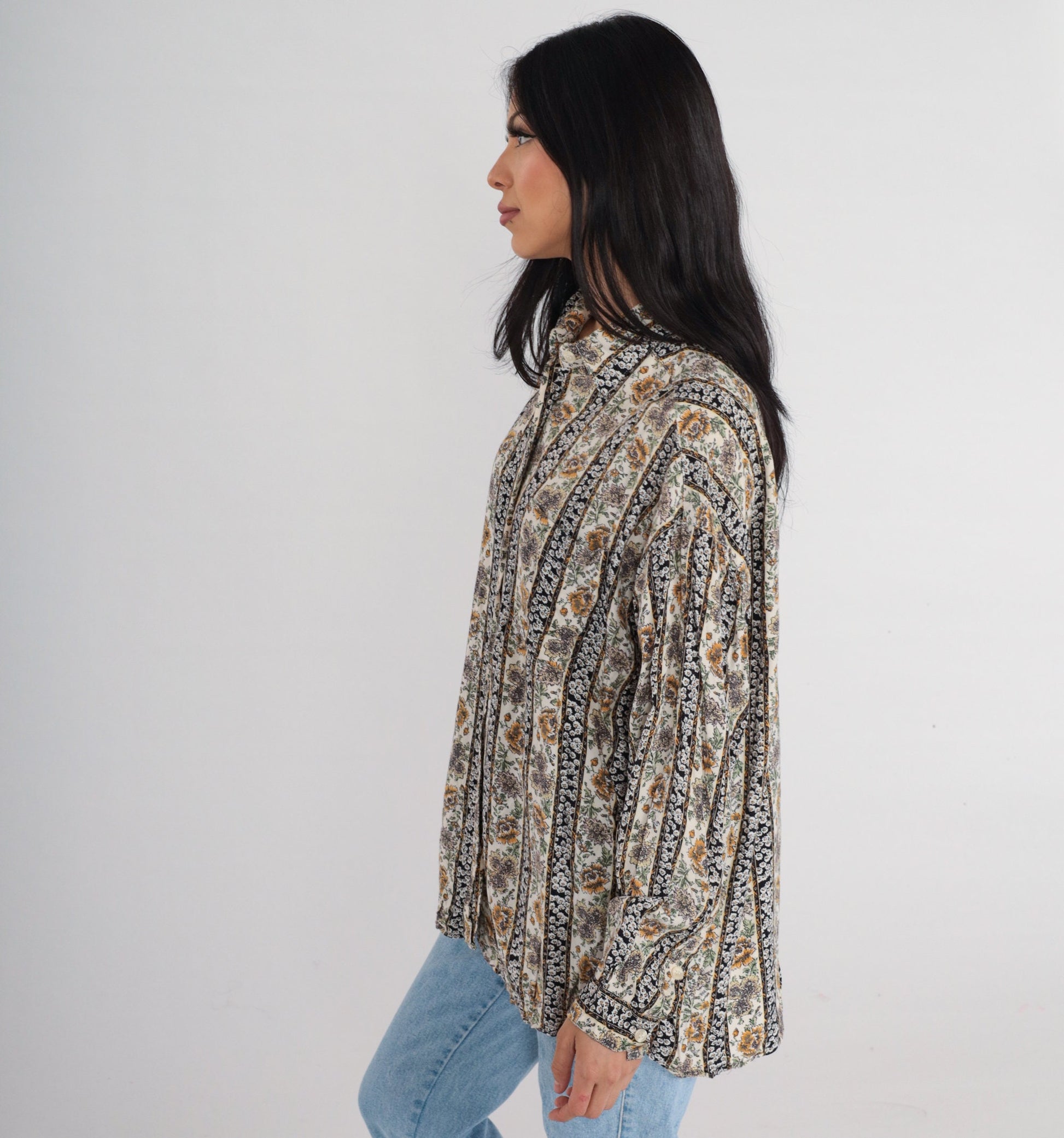 90s Krazy Kat Floral Button-Up Blouse Long Sleeve Collared Shirt Large L