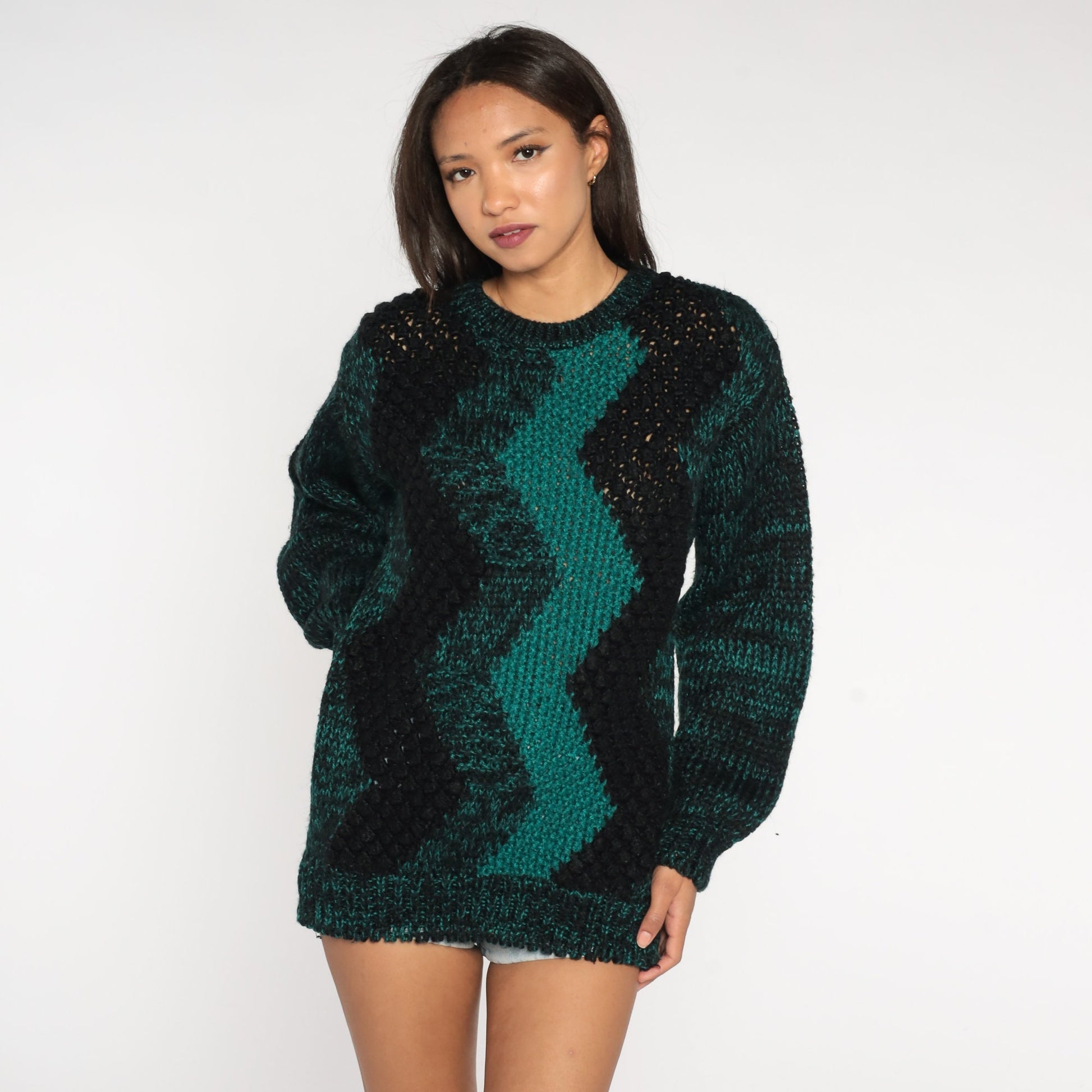 80s Zig Zag Striped Knit Sweater Black Green Space Dye Crewneck Medium