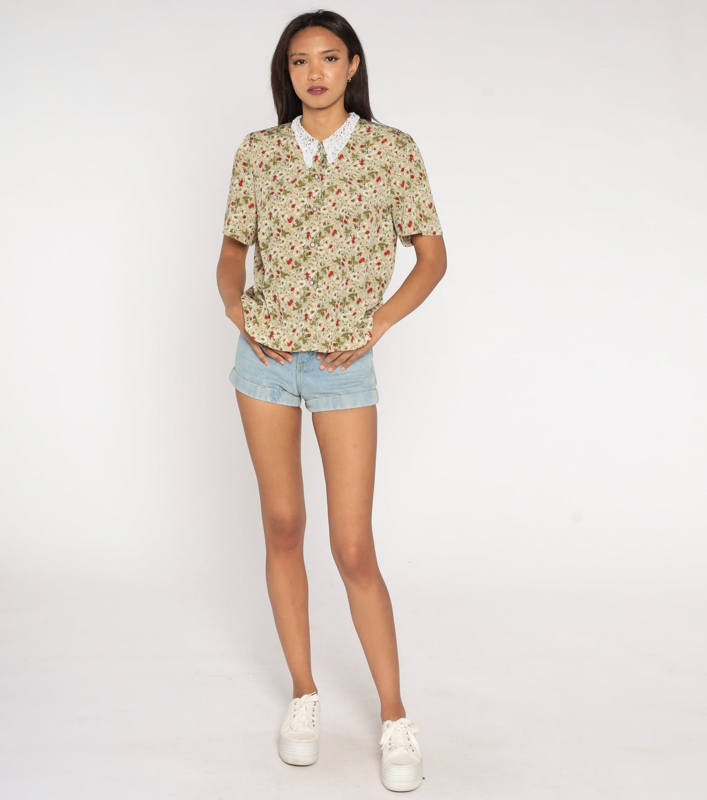 80s Floral Button-Up Blouse Lace Collar Green Red White Large