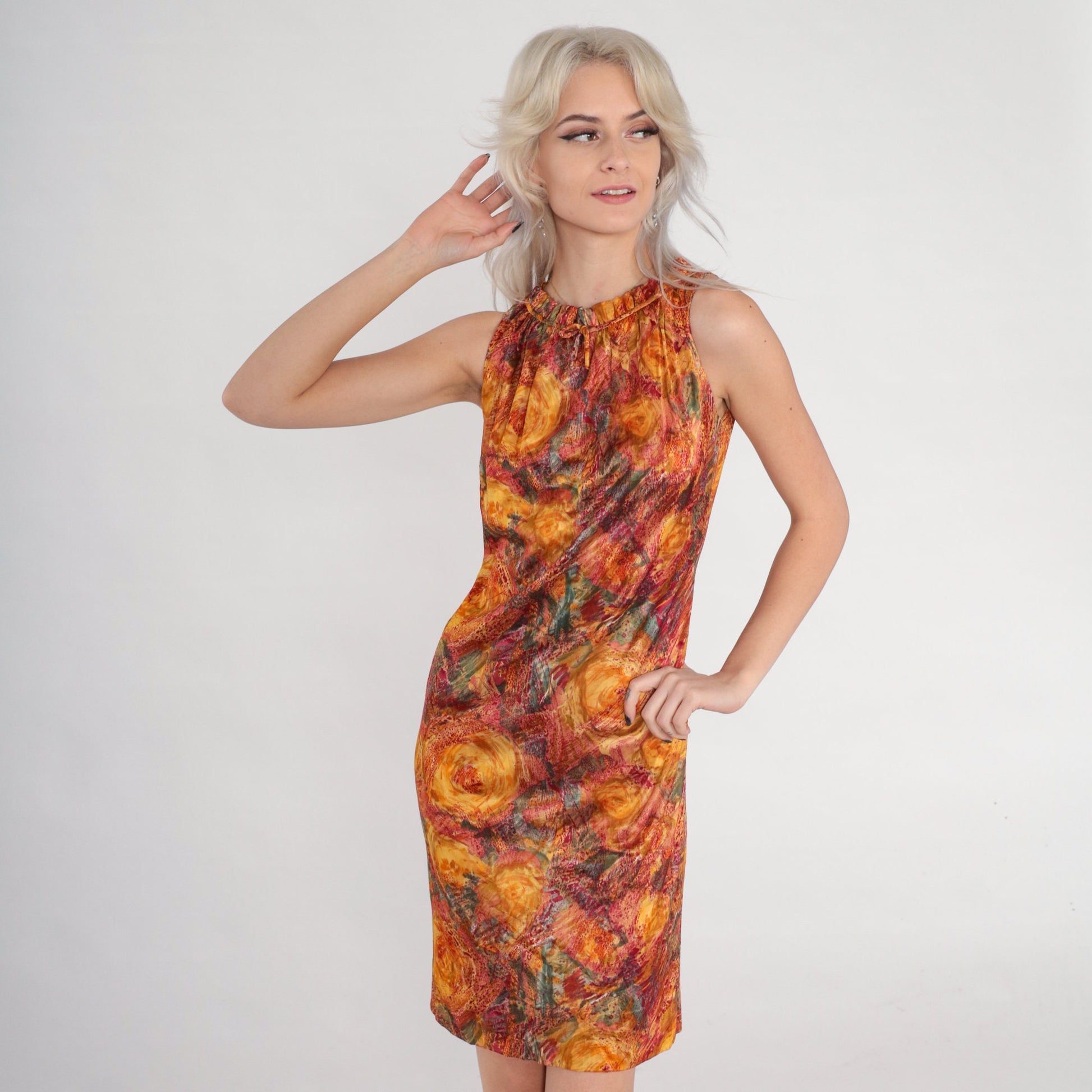 60s Mod Mini Shift Dress Watercolor Floral Print Orange High Neck Small