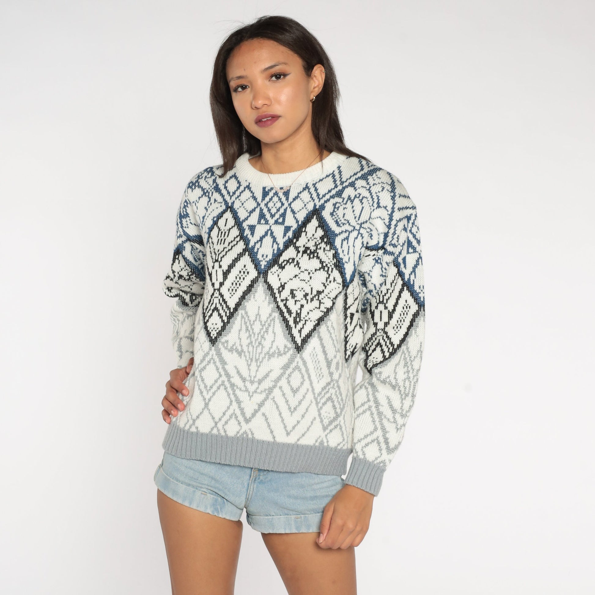 90s Geometric Abstract Jacquard Knit Sweater White Crewneck Small