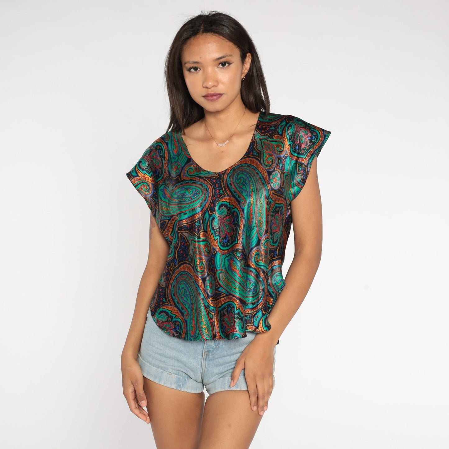80s Paisley Pajama Top Green Cap Sleeve Sleep Shirt Large L