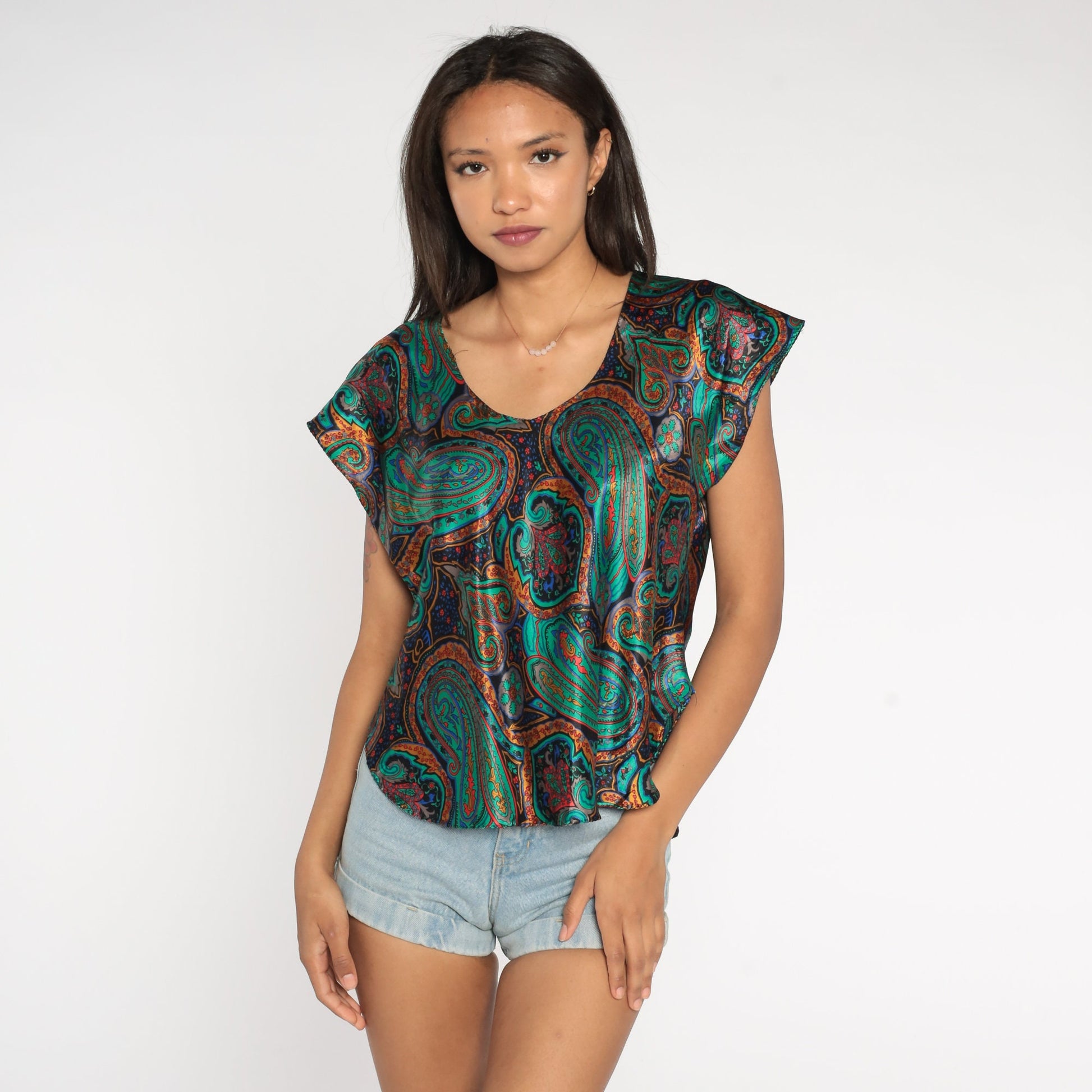 80s Paisley Pajama Top Green Cap Sleeve Sleep Shirt Large L