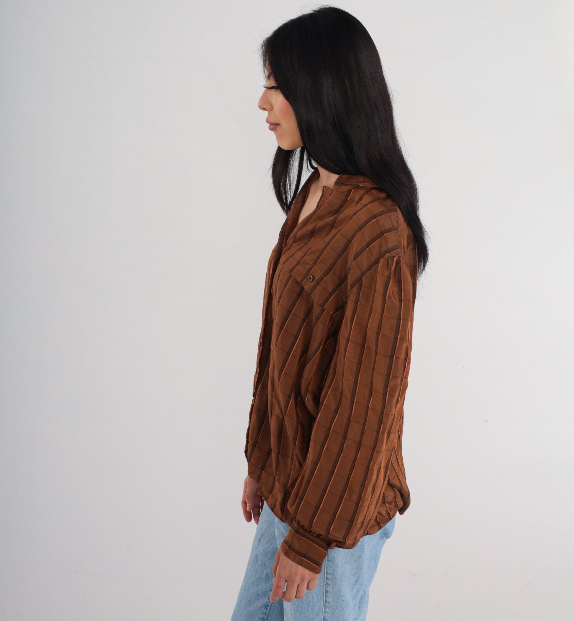 80s Brown Checkered Button-Up Blouse Puff Sleeve Collared Shirt Large L