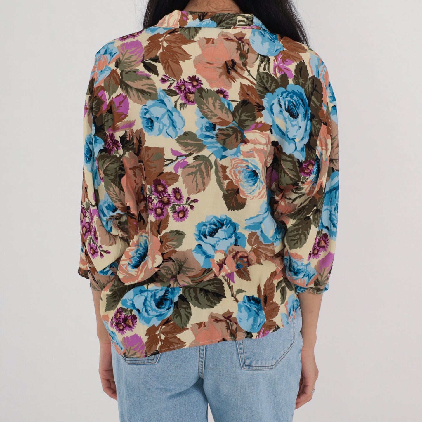 90s Floral Button-Up Blouse Rose Print 3/4 Sleeve Collared Shirt Medium
