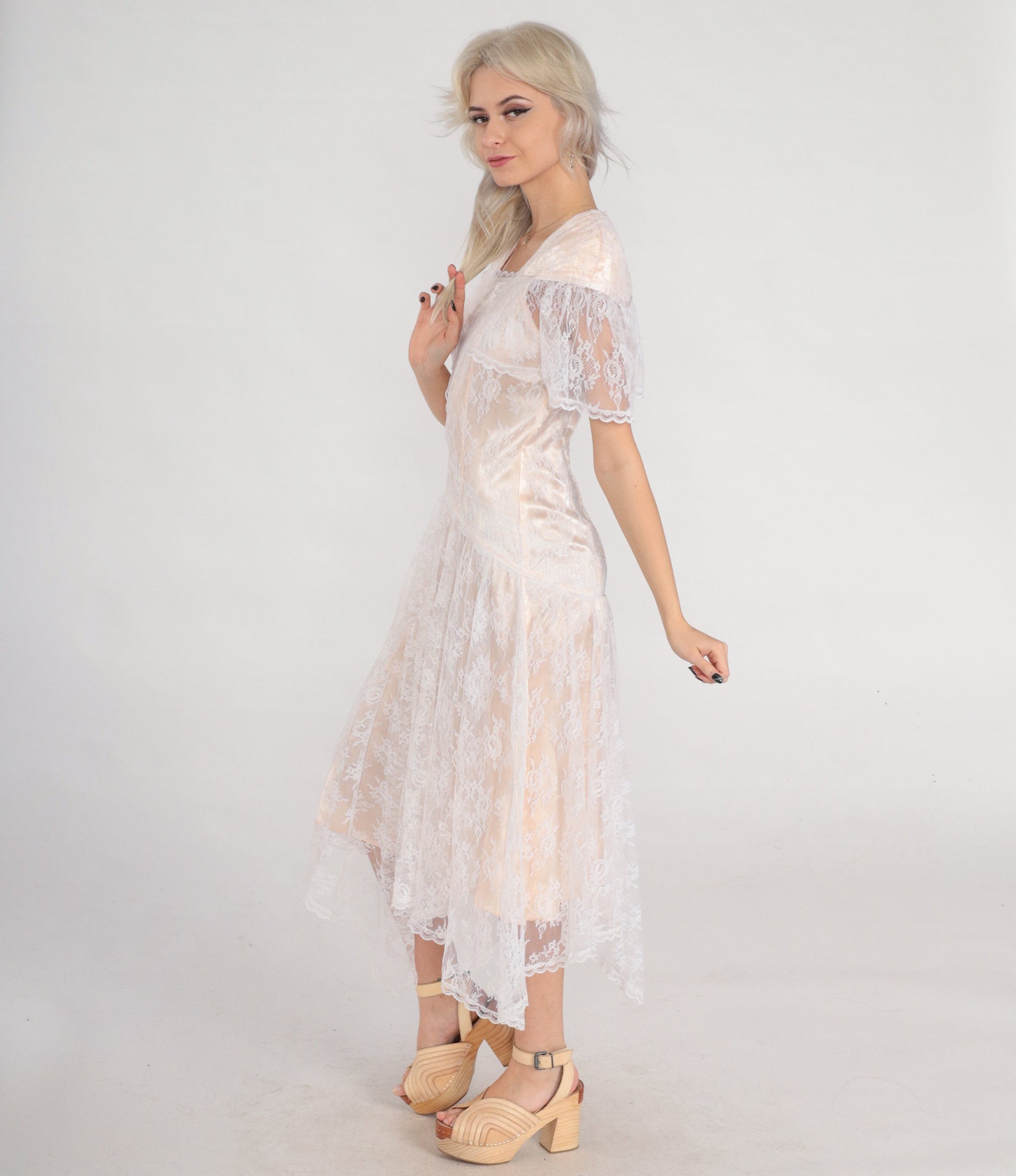 80s Gunne Sax Jessica McClintock Lace Midi Dress Blush Handkerchief Hem XS