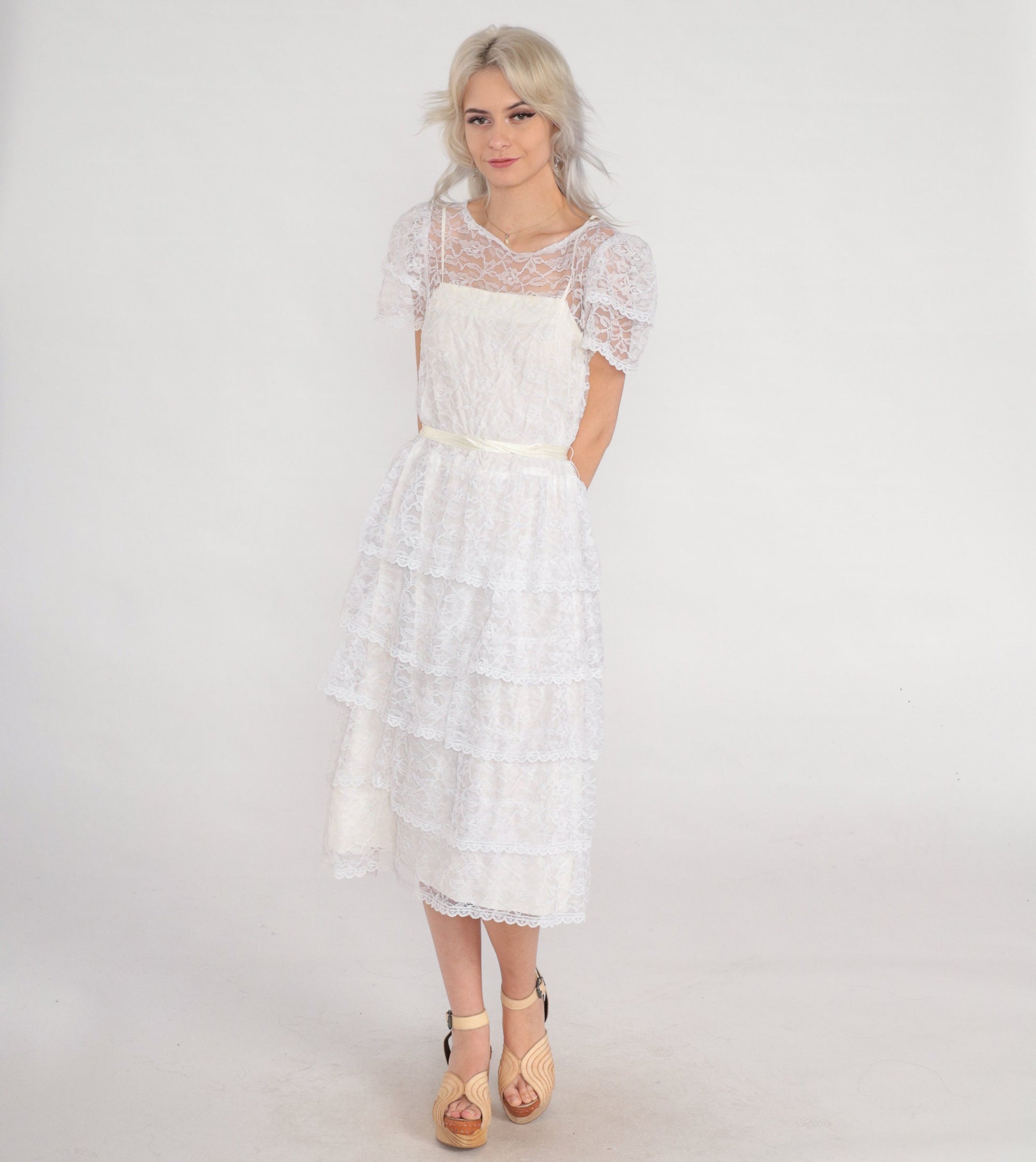 80s White Lace Midi Dress Floral Illusion Neckline Puff Sleeve Tiered Small
