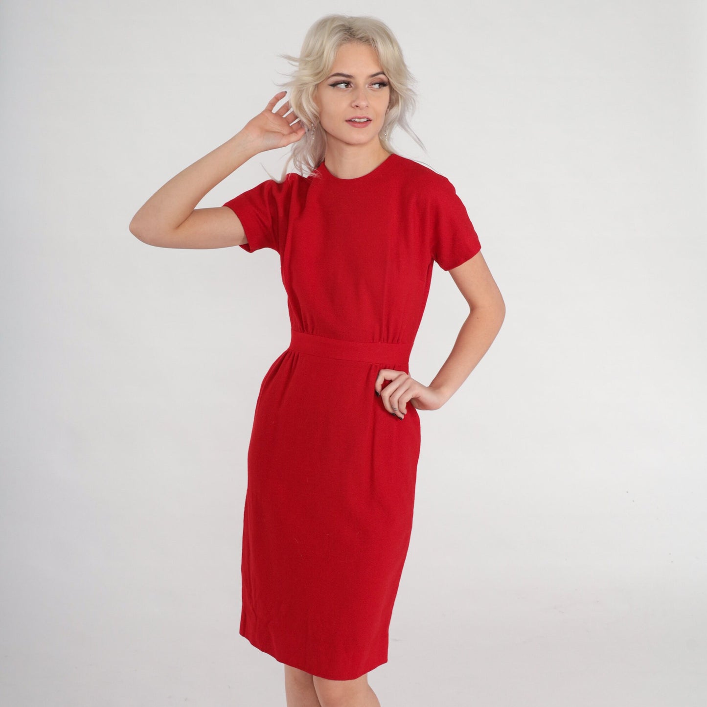 60s Red Wool Pencil Dress High Waisted Knee Length Short Sleeve Extra Small XS