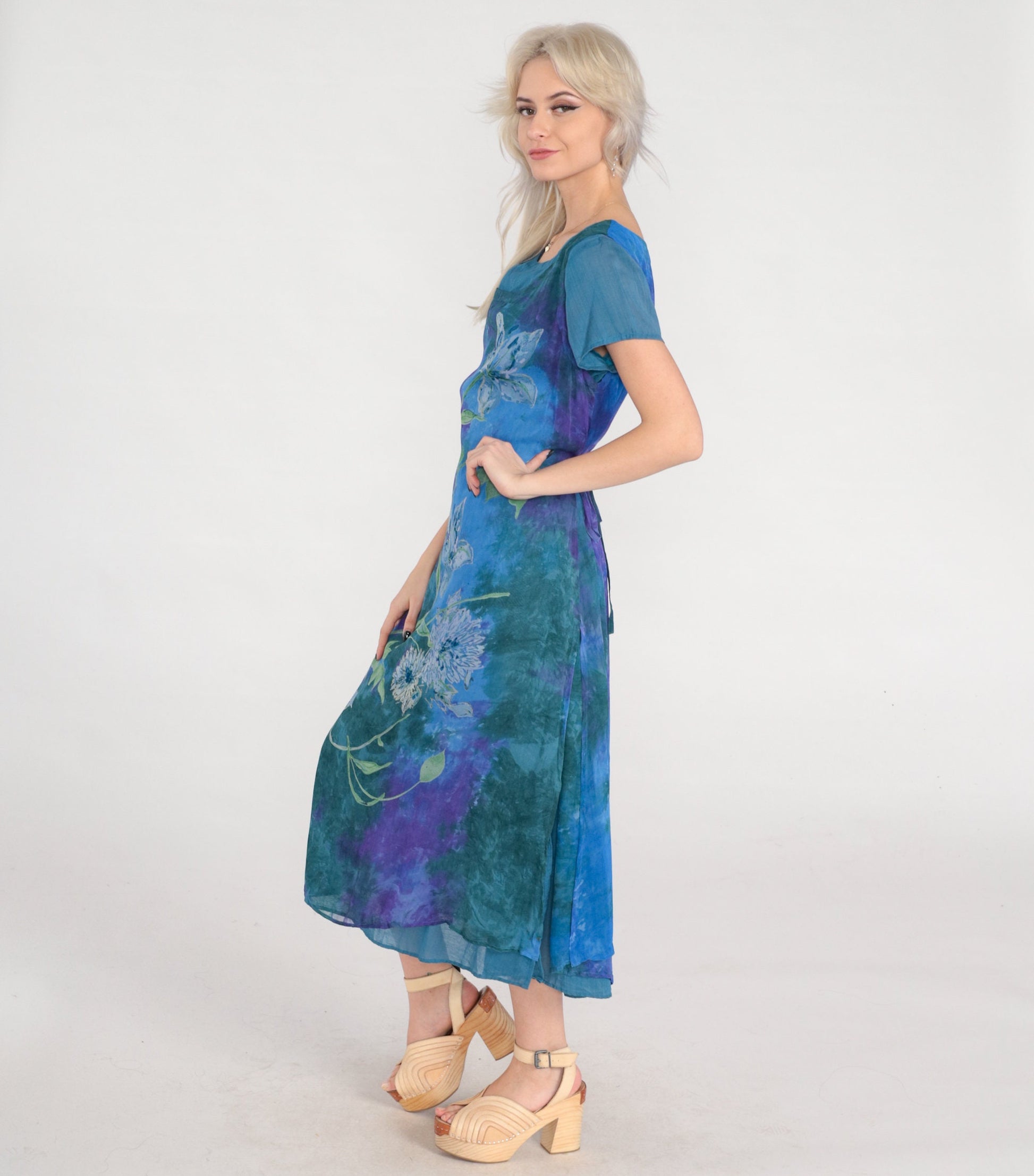 00s Tie Dye Floral Midi Dress Purple Blue Green Layered Short Sleeve Small