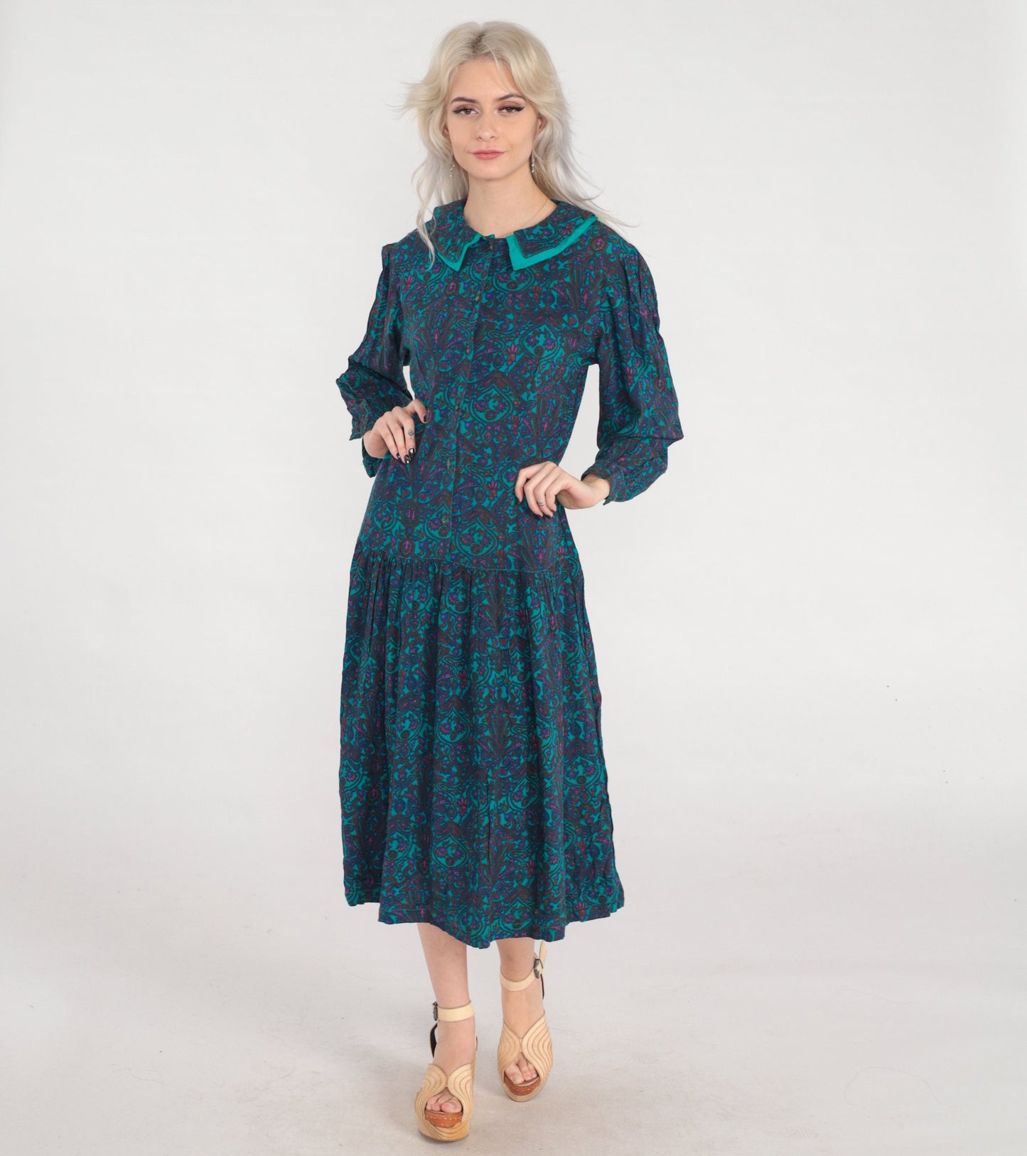 80s Green Floral Midi Dress Collared Puff Sleeve Drop Waist Small