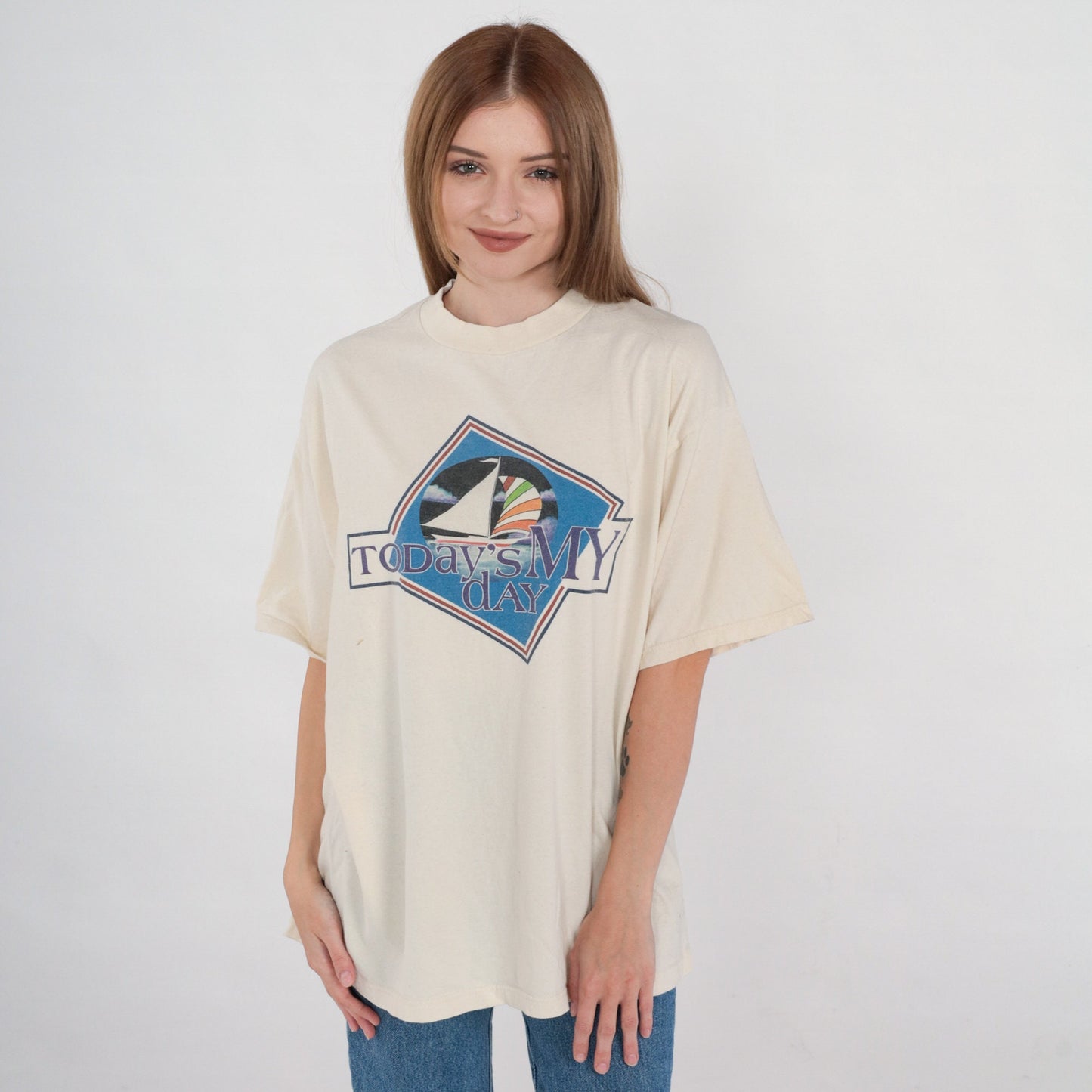 90s Sailboat Graphic T-Shirt Today's My Day Cream Cotton Tee Extra Large XL