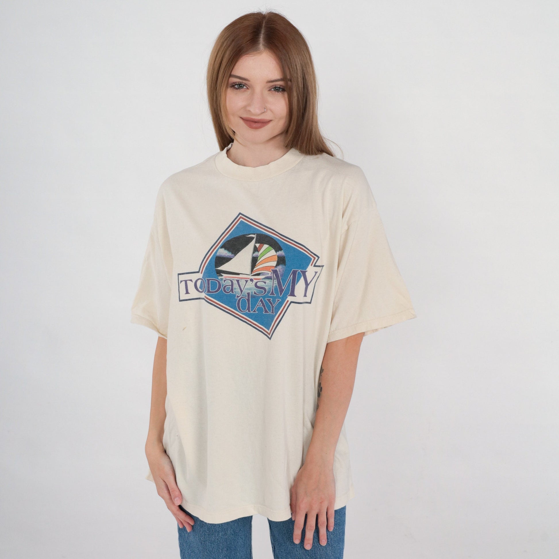 90s Sailboat Graphic T-Shirt Today's My Day Cream Cotton Tee Extra Large XL