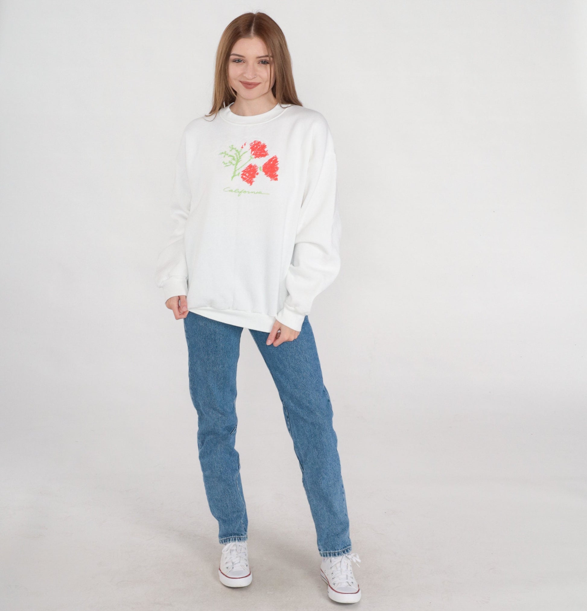 90s California Poppy Graphic Sweatshirt White Crewneck Pullover Large