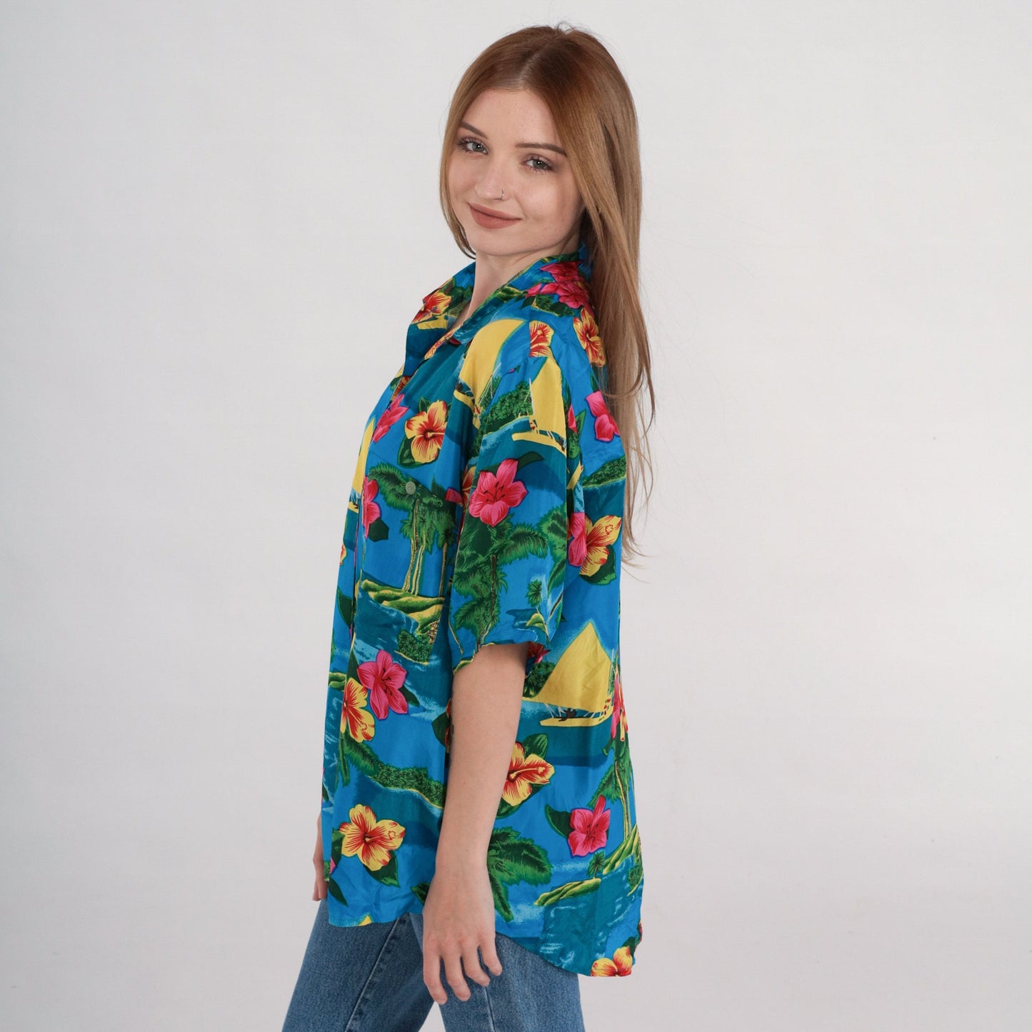 90s Blue Silk Hawaiian Shirt Tropical Hibiscus Sailboat Print Large L