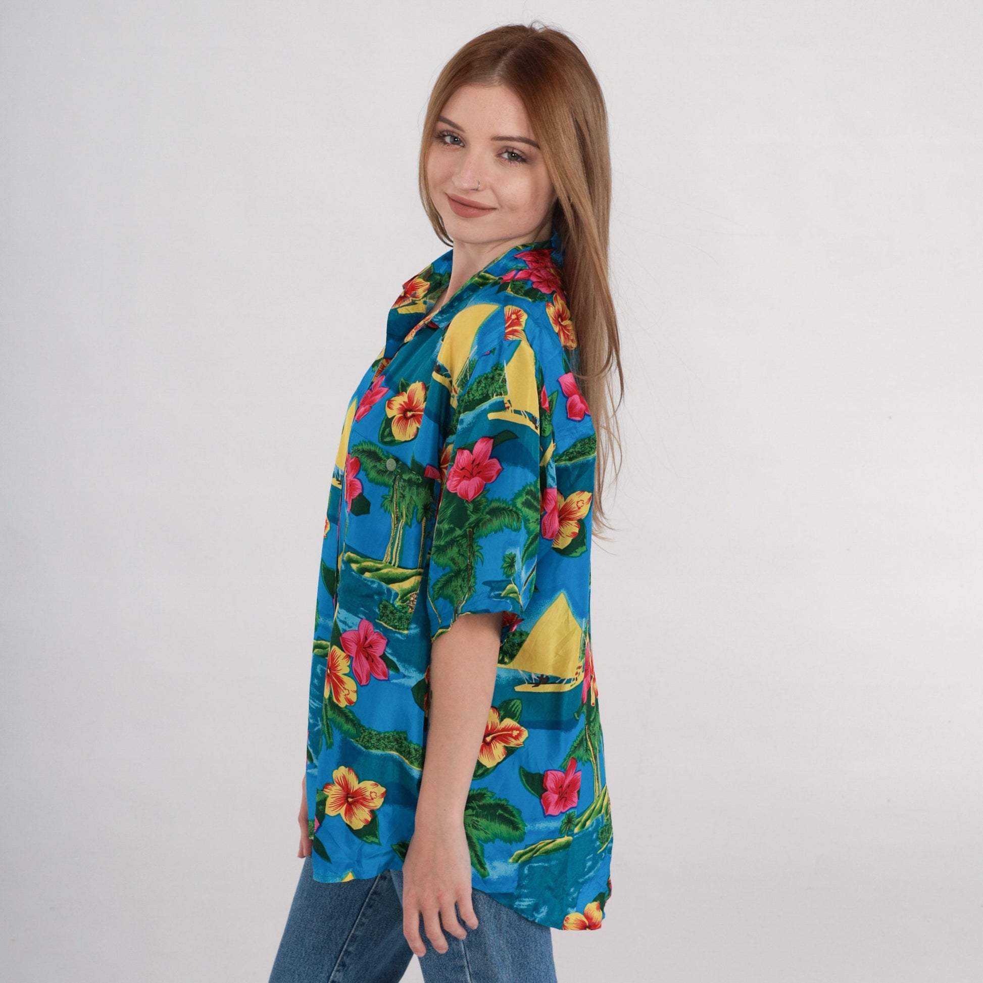 90s Blue Silk Hawaiian Shirt Tropical Hibiscus Sailboat Print Large L