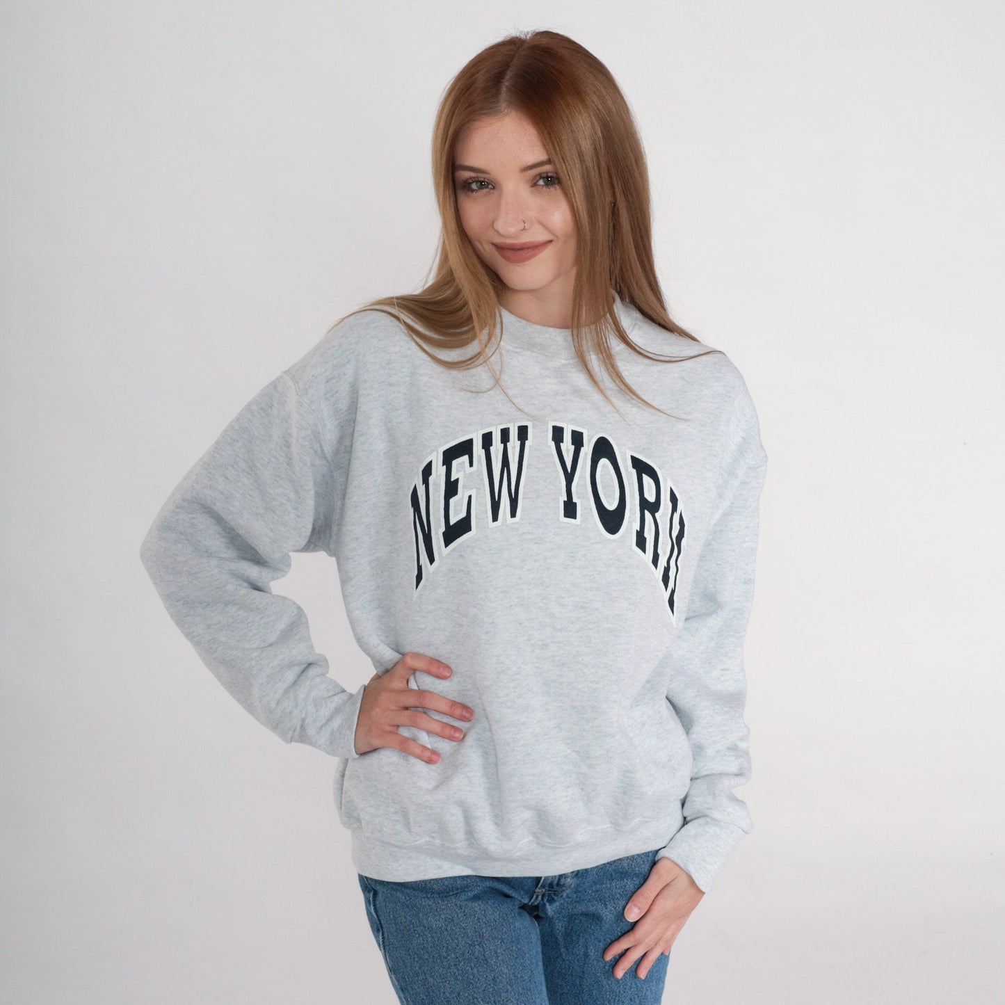 Y2K New York NYC Graphic Sweatshirt Heather Grey Crewneck Medium M