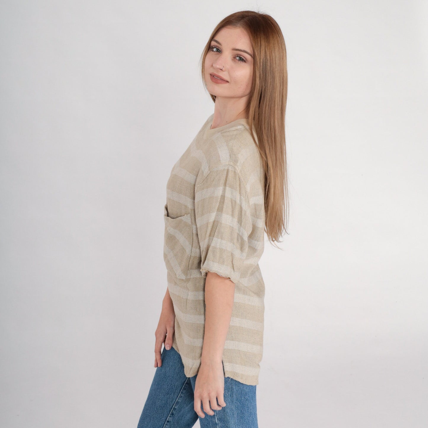 90s Tan Striped Pocket T-Shirt Rayon Crewneck Small