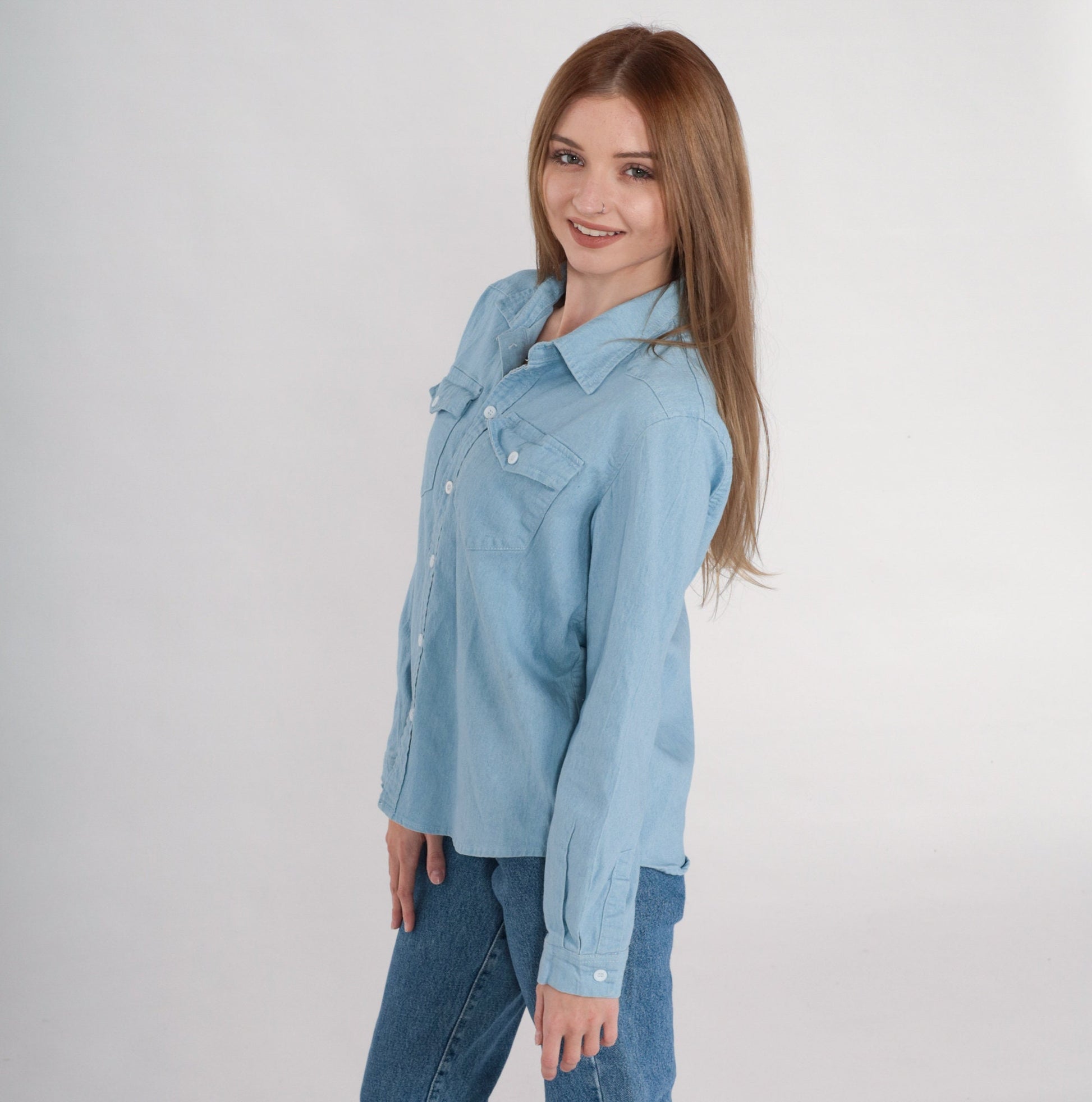 90s Blue Chambray Button-Up Shirt Long Sleeve Chest Pocket Small S