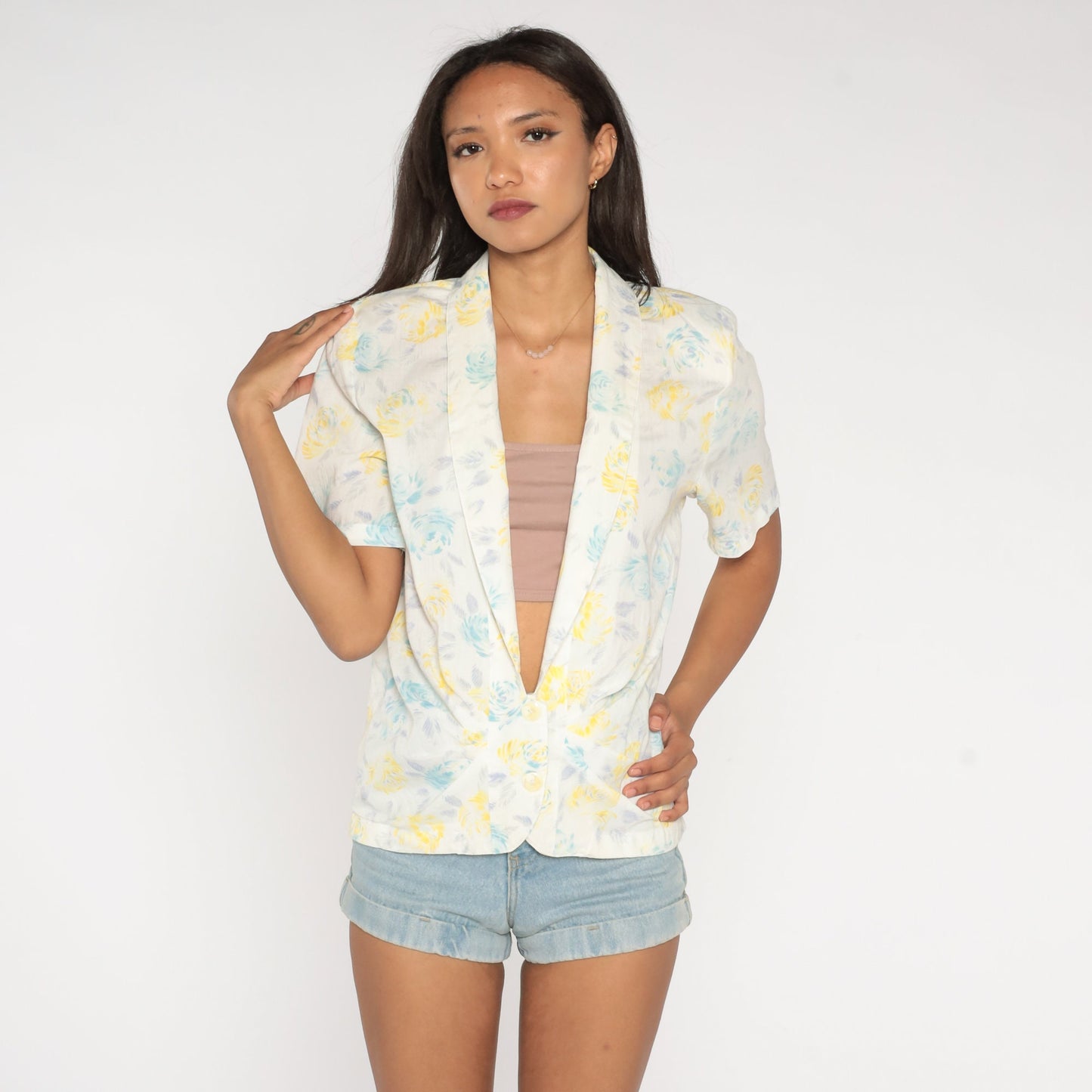 80s White Floral Deep V-Neck Blouse Button-Up Short Sleeve Large