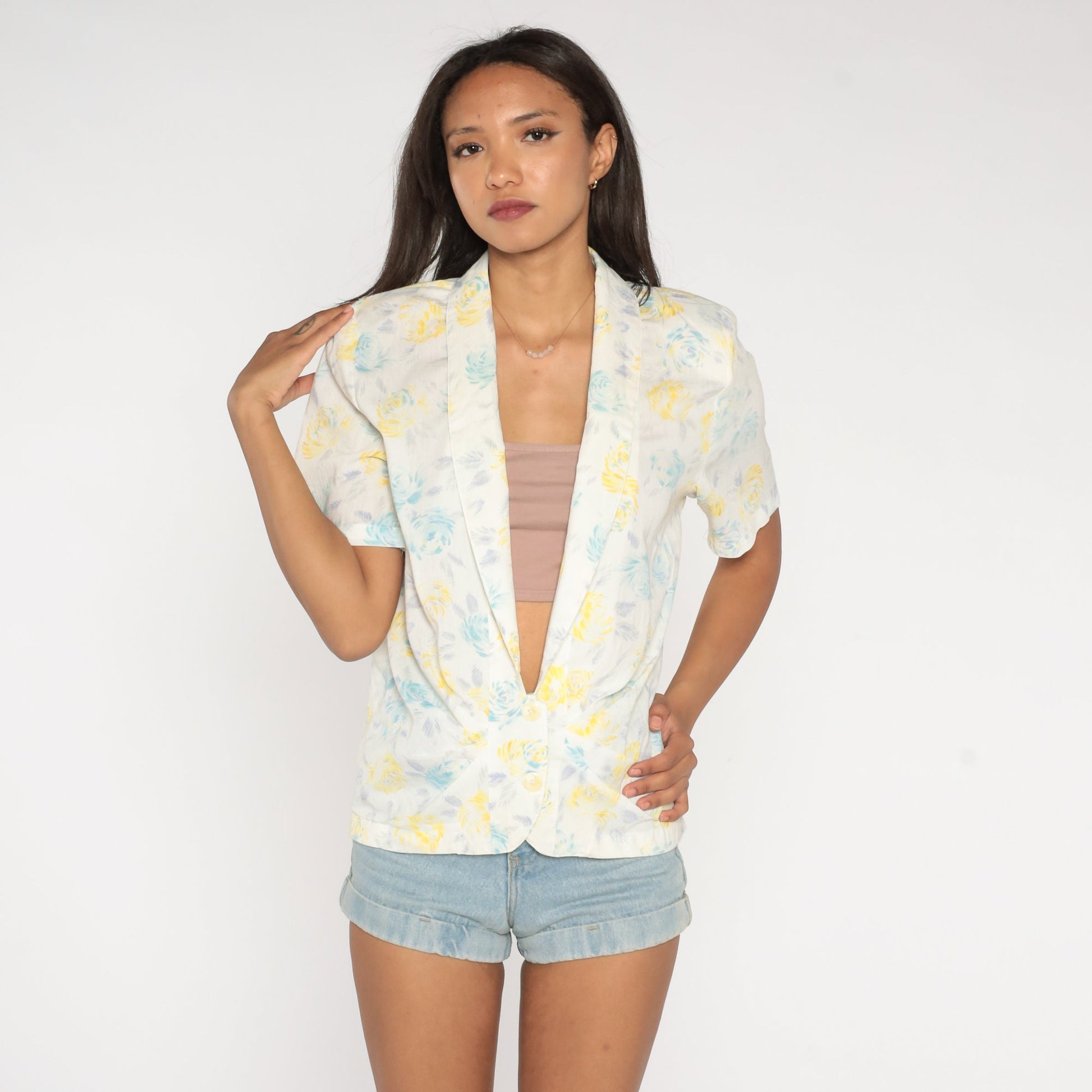 80s White Floral Deep V-Neck Blouse Button-Up Short Sleeve Large